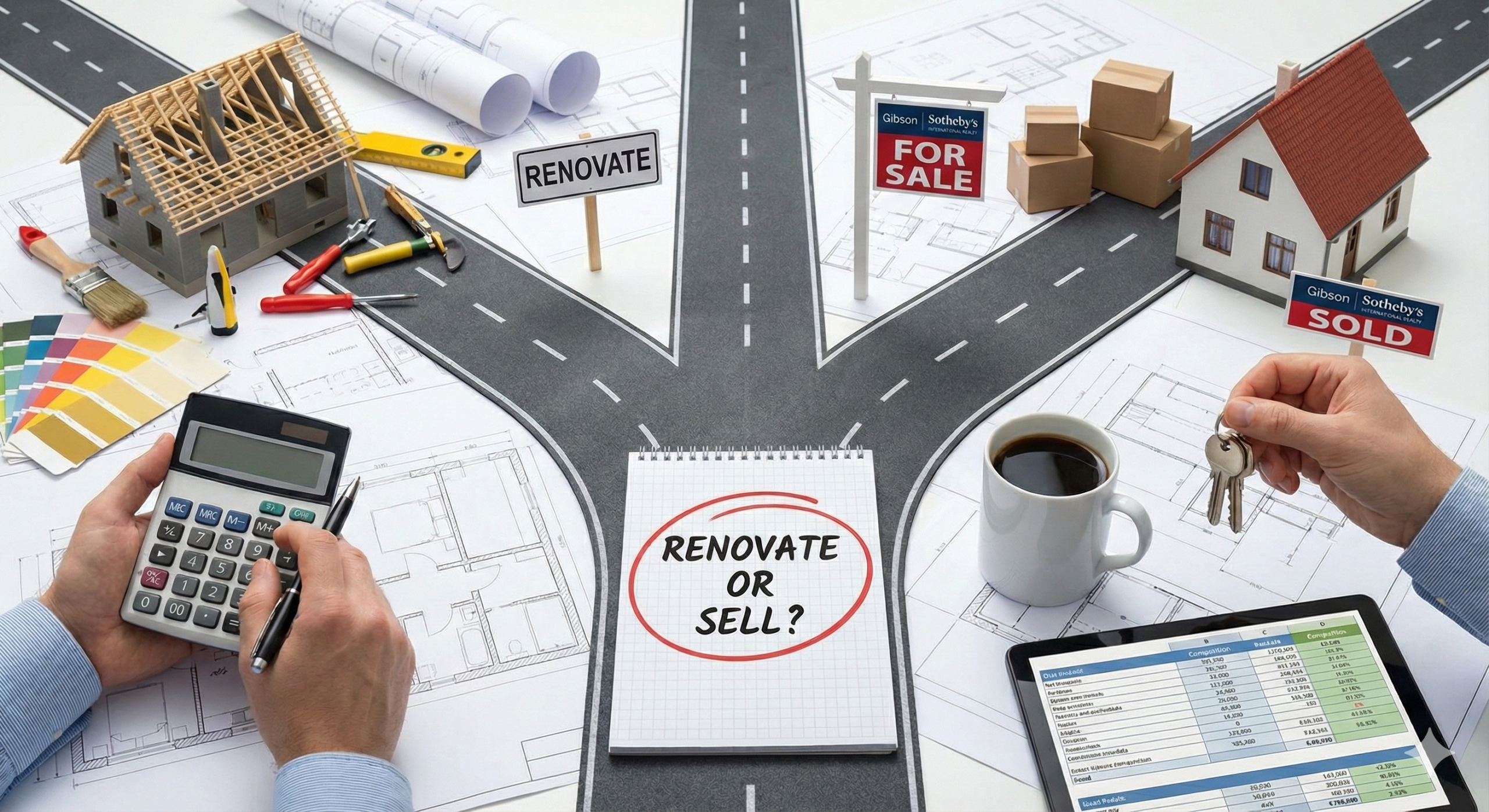 A conceptual photograph on a desk with blueprints, where a road forks. On the left, a house is under construction with tools, a paint swatch, and a "RENOVATE" sign, next to hands using a calculator. On the right, a finished house has a "Gibson Sotheby's International Realty" "FOR SALE" and "SOLD" sign, with a hand holding keys, moving boxes, and a tablet showing data. In the center, a notepad reads "RENOVATE OR SELL?"