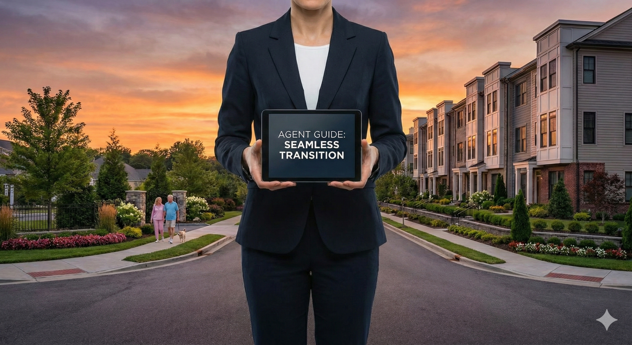 A female real estate agent in a blue suit holds a tablet reading "AGENT GUIDE: SEAMLESS TRANSITION" in front of luxury townhomes at sunset, with a downsizing senior couple walking a dog in the background.