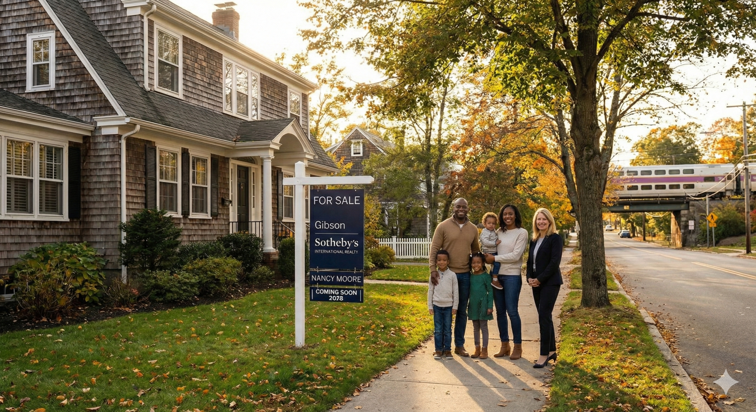 An African American family of five and a real estate agent, Nancy Moore, stand on the sidewalk in front of a house with a "For Sale" sign from Gibson Sotheby's International Realty. The sign also reads "Nancy Moore" and "Coming Soon 2026." The family and agent are smiling. In the background, a commuter train passes on an elevated track over the road. The photo is taken in an autumn suburban setting