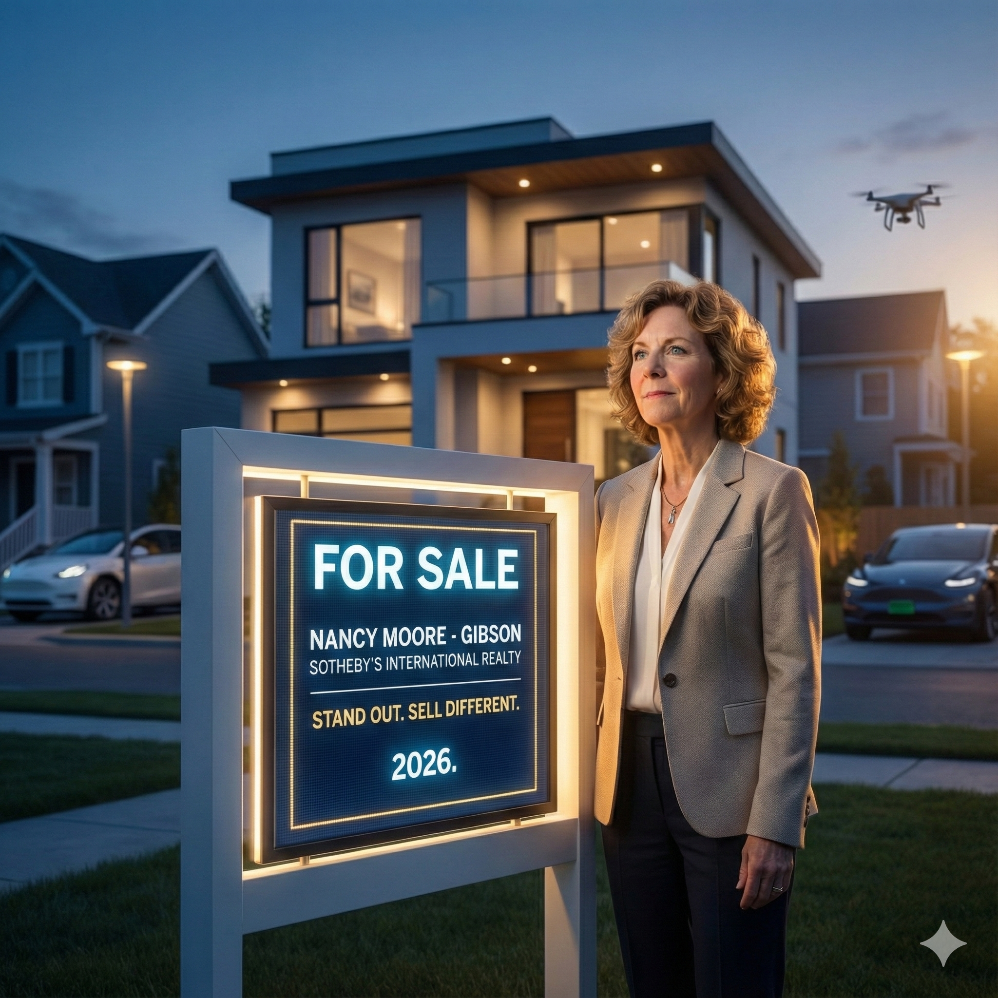 ALT text: Nancy Moore, a top real estate agent with Gibson Sotheby's International Realty in Needham, MA, stands beside a lit "FOR SALE" sign in front of a modern luxury home at dusk in 2026. The sign reads "STAND OUT. SELL DIFFERENT. 2026." A drone and electric cars are visible, highlighting advanced real estate marketing.