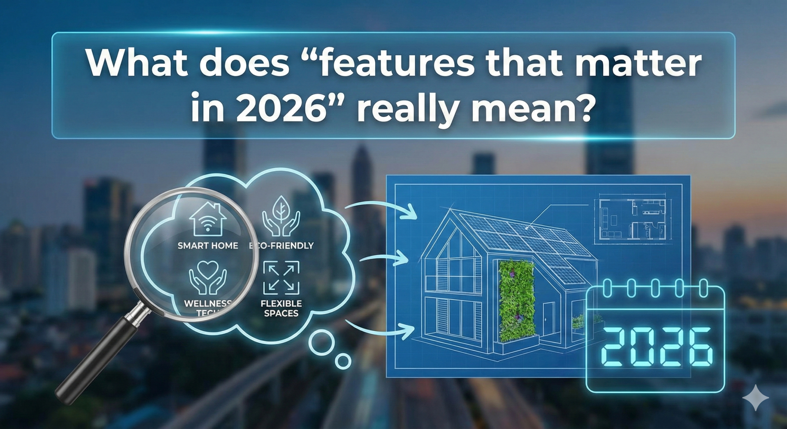 A header image with the blog title "What does “features that matter in 2026” really mean?". Below the title, a magnifying glass hovers over a cloud icon containing symbols for "SMART HOME," "ECO-FRIENDLY," "WELLNESS TECH," and "FLEXIBLE SPACES." An arrow points from this cloud to a blueprint of a modern house, which is next to a calendar icon displaying the year "2026." The background is a blurred cityscape