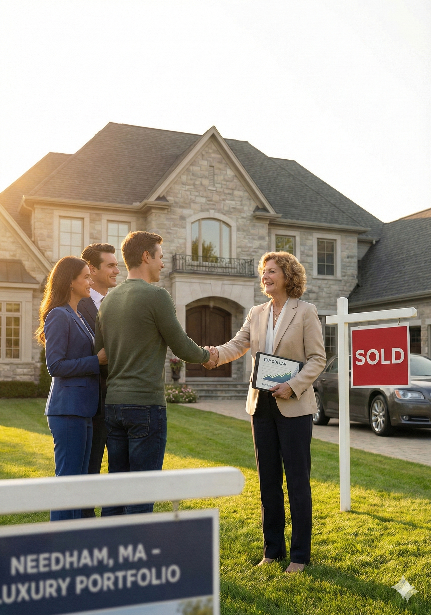ALT Text: One of the best real estate agents in Needham MA for selling luxury homes, a woman in a beige blazer, shakes hands with a couple in front of a sold luxury stone residence. The image represents selling a Needham luxury property quickly at top dollar, a common goal for clients of top-tier agents in the area.
