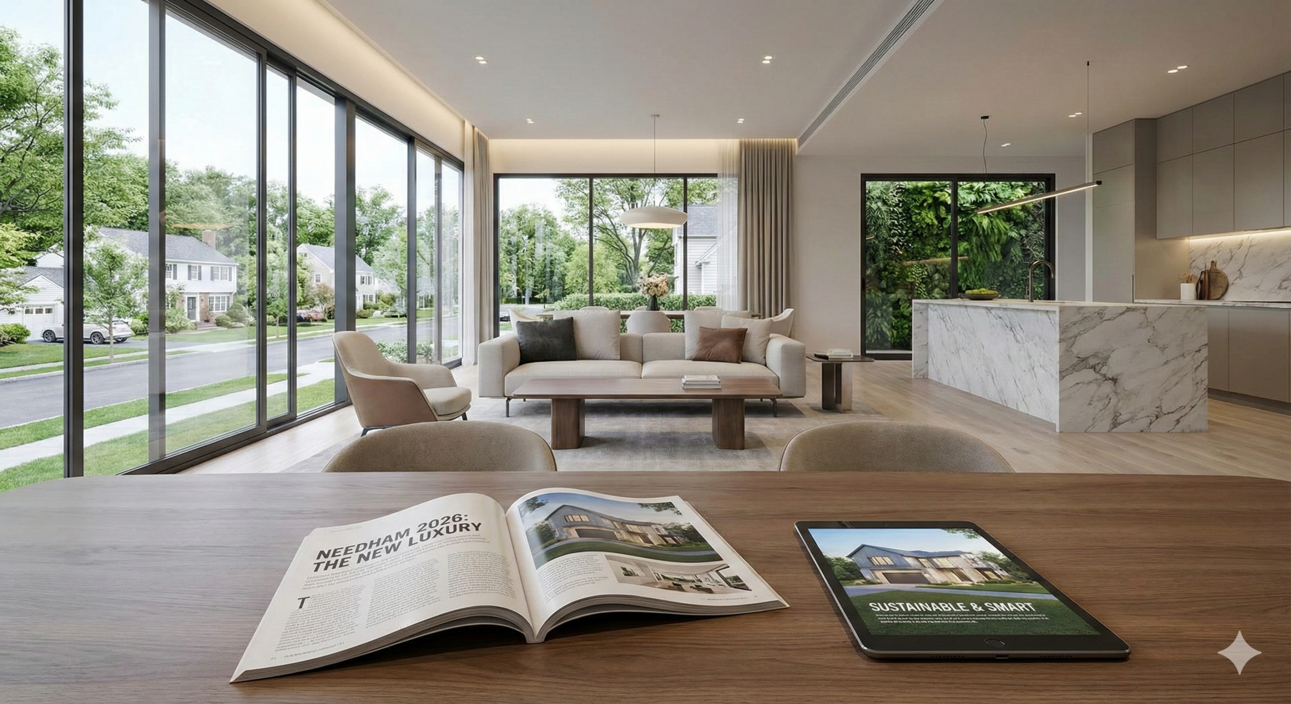 A photograph inside a bright, modern luxury home interior with floor-to-ceiling windows overlooking a suburban street. In the foreground on a wooden table, an open magazine reads "NEEDHAM 2026: THE NEW LUXURY," next to a tablet displaying a rendering of a house labeled "SUSTAINABLE & SMART." The background features a minimalist living area and a high-end kitchen with a marble island and a green living wall