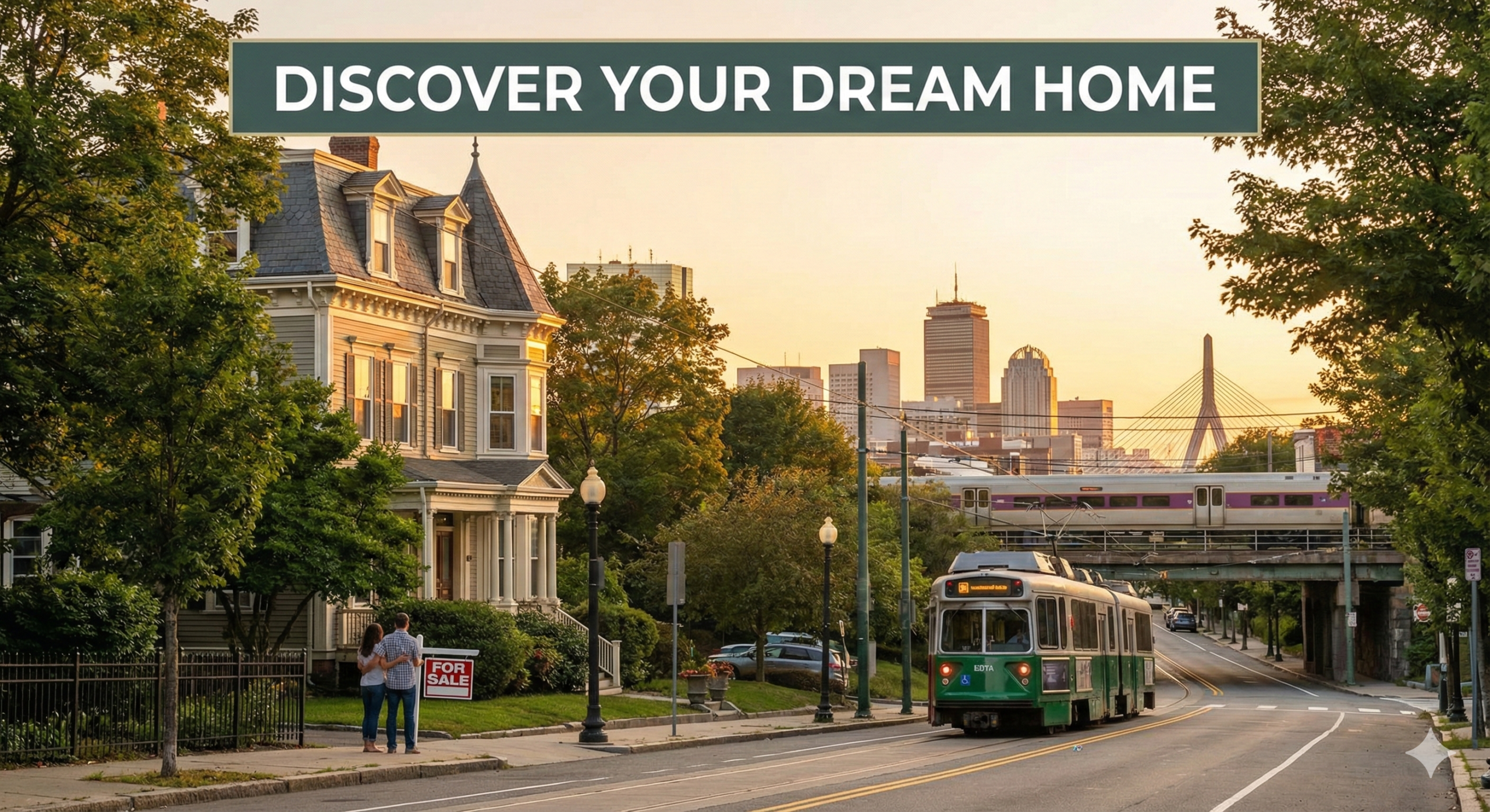 A couple stands outside a Victorian home for sale in a tree-lined Boston suburb at sunset, with a green MBTA trolley and commuter rail train passing on an overpass, and the Boston city skyline with the Zakim Bridge in the background. A banner reads "DISCOVER YOUR DREAM HOME.