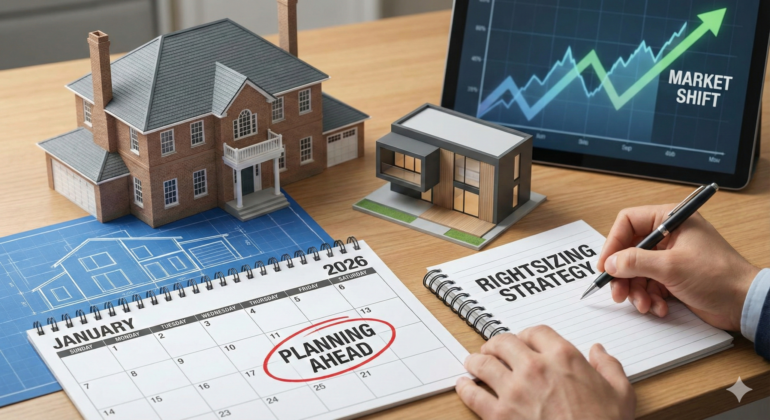 A conceptual photograph showing a person's hands writing "RIGHTSIZING STRATEGY" in a notebook. On the wooden desk are a 2026 calendar opened to January with "PLANNING AHEAD" circled, two miniature house models (one large traditional, one small modern) resting on a blueprint, and a tablet displaying a graph labeled "MARKET SHIFT." The image represents planning for a real estate change in 2026