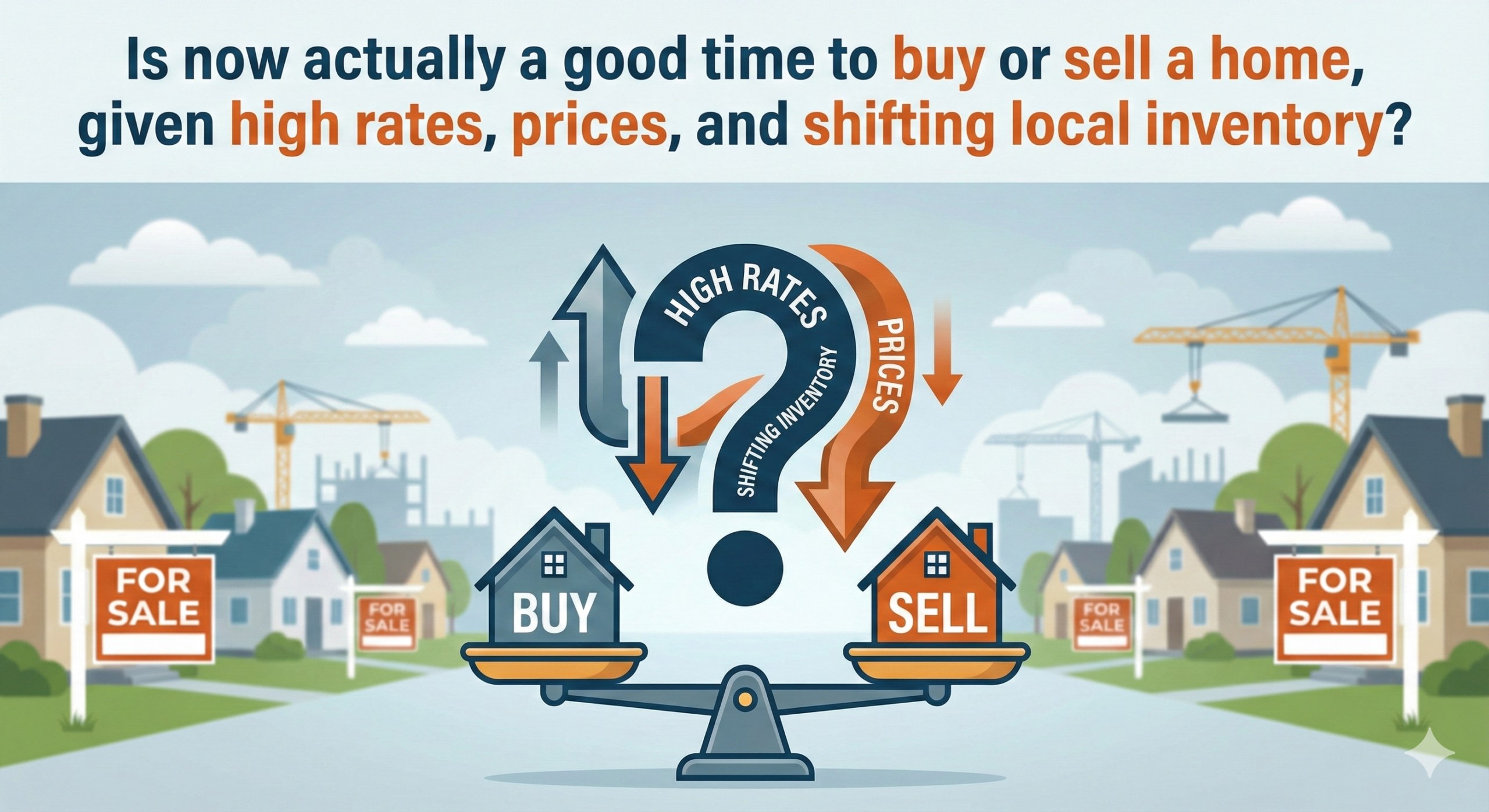 A blog post header image with the title, "Is now actually a good time to buy or sell a home, given high rates, prices, and shifting local inventory?" Below the title is an illustration of a balanced scale with one house labeled "BUY" and another labeled "SELL." A large question mark with arrows pointing up and down, labeled "HIGH RATES," "PRICES," and "SHIFTING INVENTORY," is suspended between them. The background shows a suburban street with several "FOR SALE" signs and construction cranes in the distance
