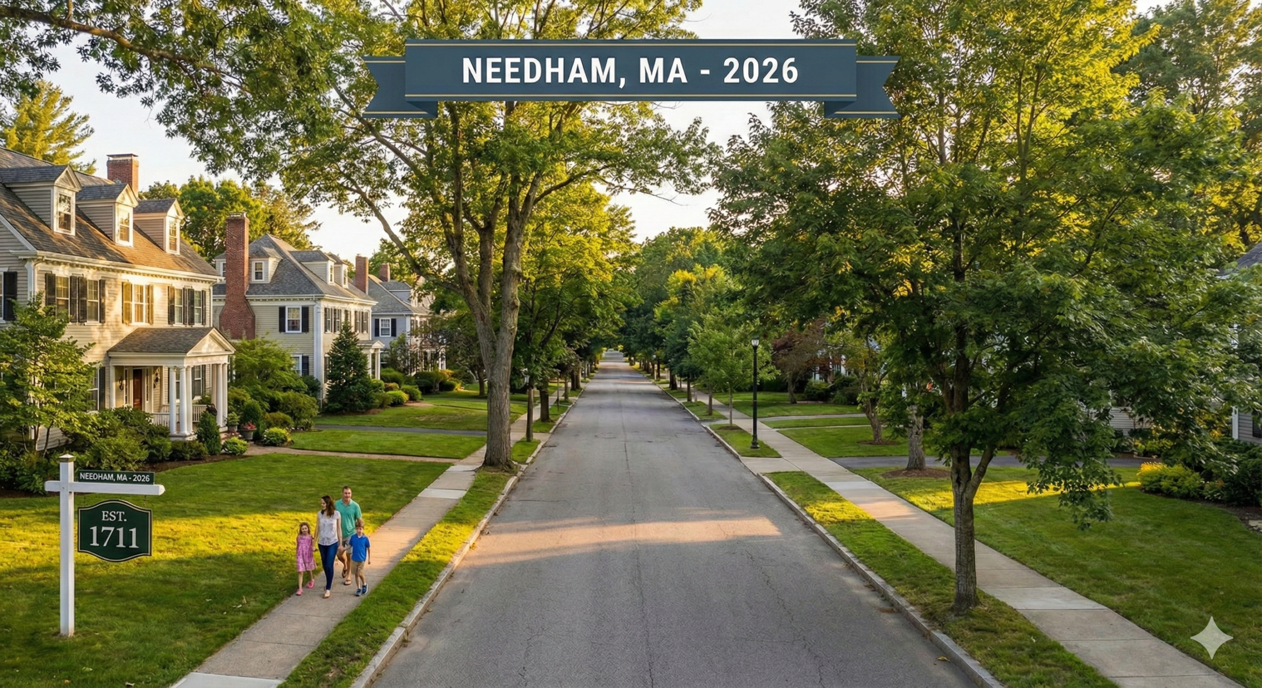 A family of four walks along a sidewalk in a picturesque, tree-lined neighborhood in Needham, Massachusetts. Large, traditional homes are visible, including one with a "For Sale EST. 1711" sign. A banner at the top of the image reads "NEEDHAM, MA - 2026", highlighting the area's appeal for family real estate.