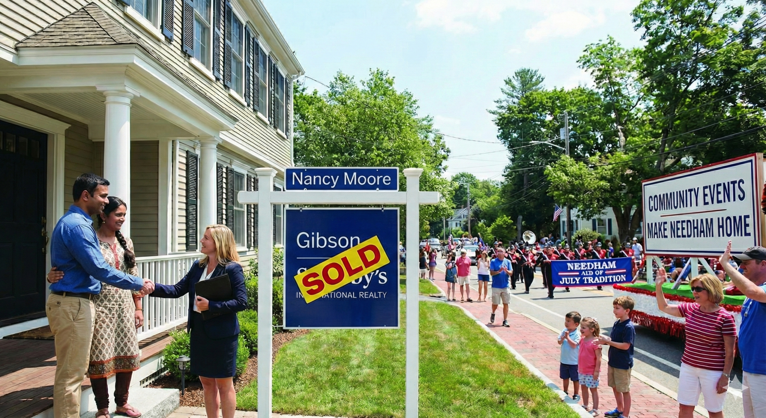 A photo shows a realtor shaking hands with a couple in front of a house with a "SOLD" sign for Nancy Moore of Gibson International Realty. In the background, a parade with a marching band passes by, featuring signs that read "NEEDHAM 4TH OF JULY TRADITION" and "COMMUNITY EVENTS MAKE NEEDHAM HOME.