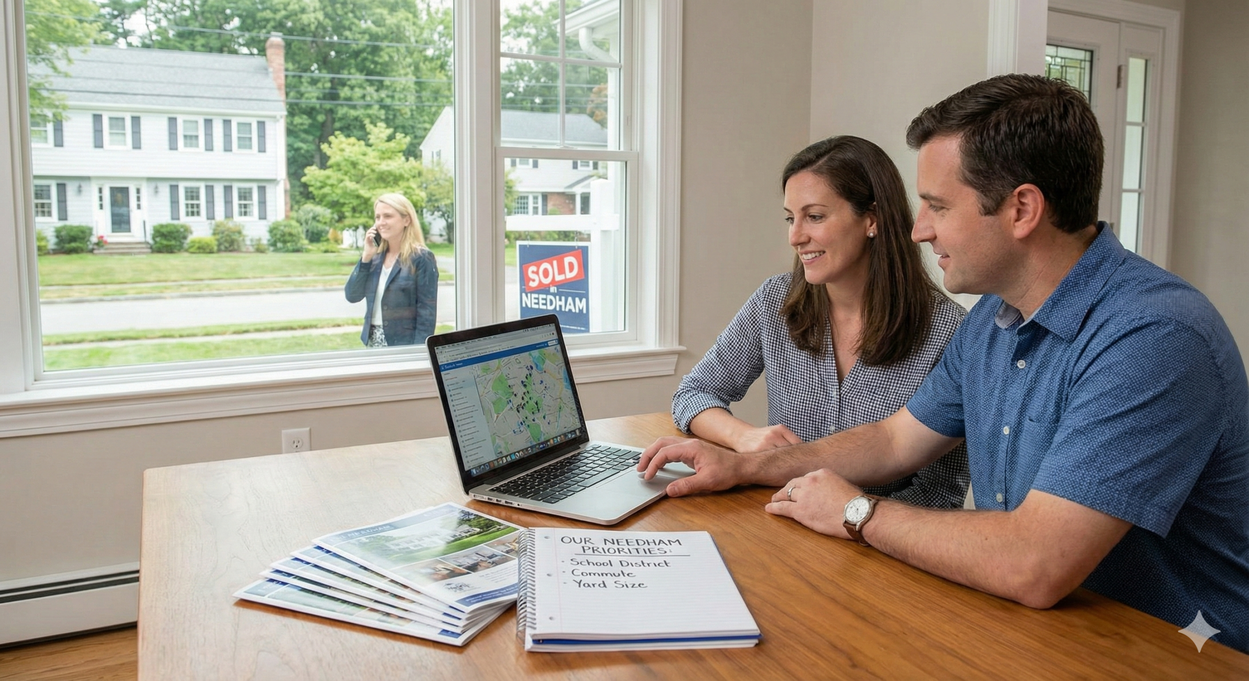 Homebuyers in Needham, MA analyzing real estate priorities including School District, Commute, and Yard Size, while a local Needham real estate agent secures a property sale in the background