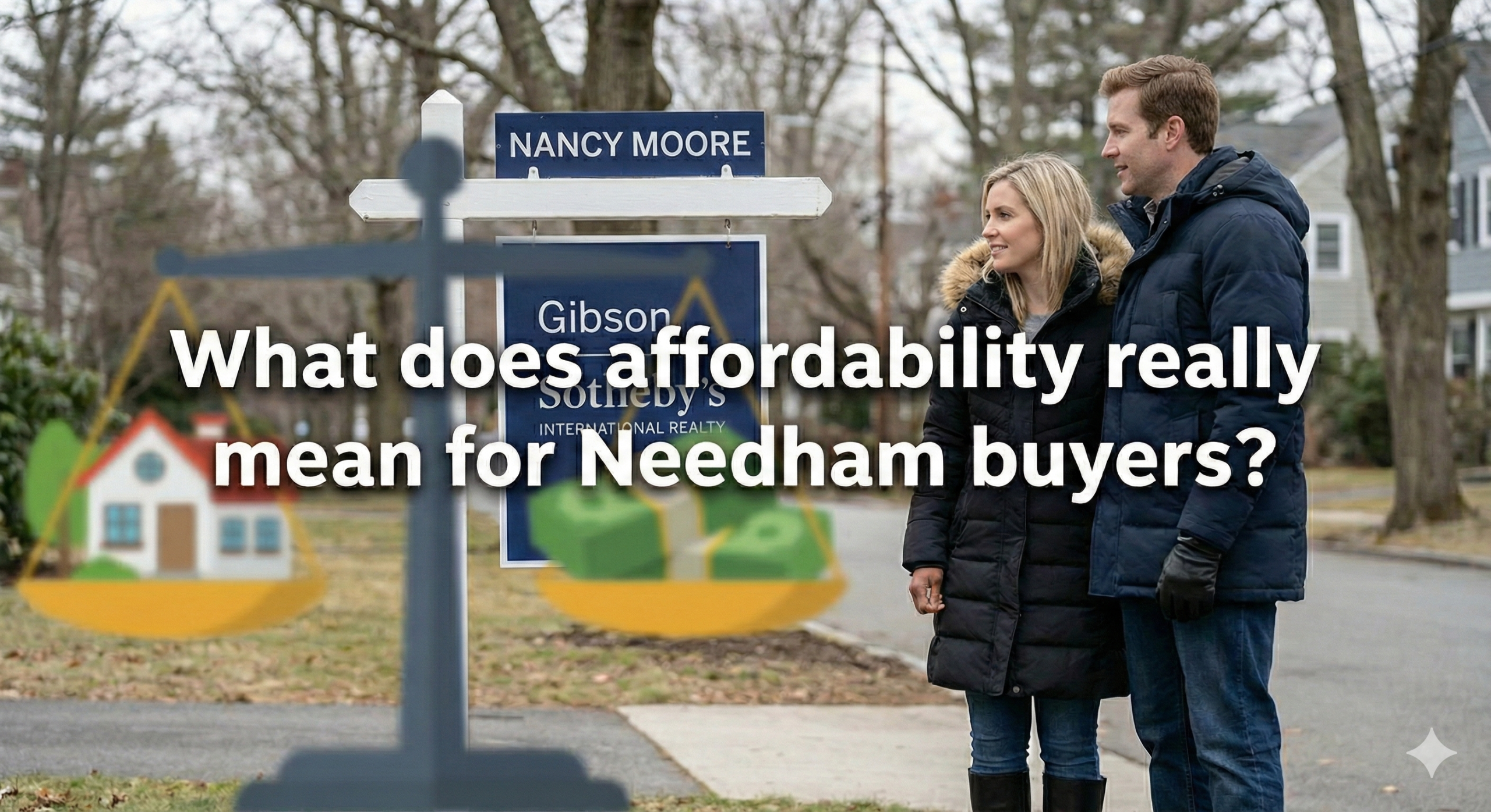 A white couple in winter coats stands looking at a blue "FOR SALE" real estate sign for "Gibson Sotheby's International Realty" with a "NANCY MOORE" rider, located on a suburban street in Needham. A graphic overlay shows a balance scale with a house icon on one side and stacks of money on the other, with the question "What does affordability really mean for Needham buyers?" written across the center