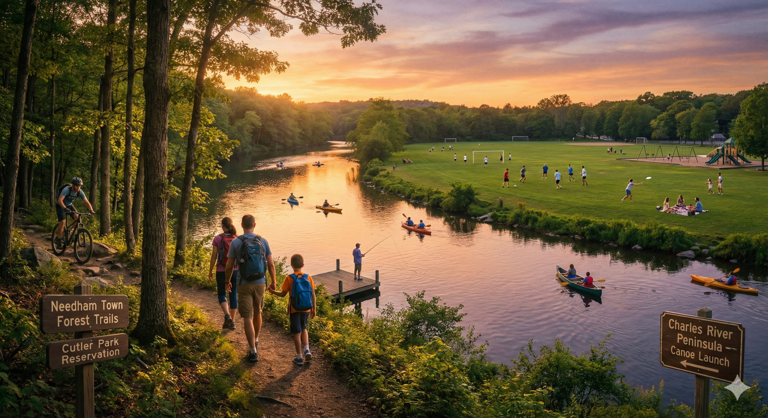 A scenic photograph taken at sunset captures a wide array of recreational activities along a river in Needham, Massachusetts. In the foreground, a family of four with backpacks walks on a dirt trail, while a mountain biker rides on an adjacent path. A wooden sign indicates "Needham Town Forest Trails" and "Cutler Park Reservation." Further down the bank, a person fishes from a dock, and several people paddle kayaks and canoes on the calm water. Across the river, a large green park is filled with people playing soccer, picnicking, and using a playground. A sign on the opposite bank points to "Charles River Peninsula - Canoe Launch." The sky is filled with warm orange, purple, and yellow hues, casting a soft glow over the entire landscape