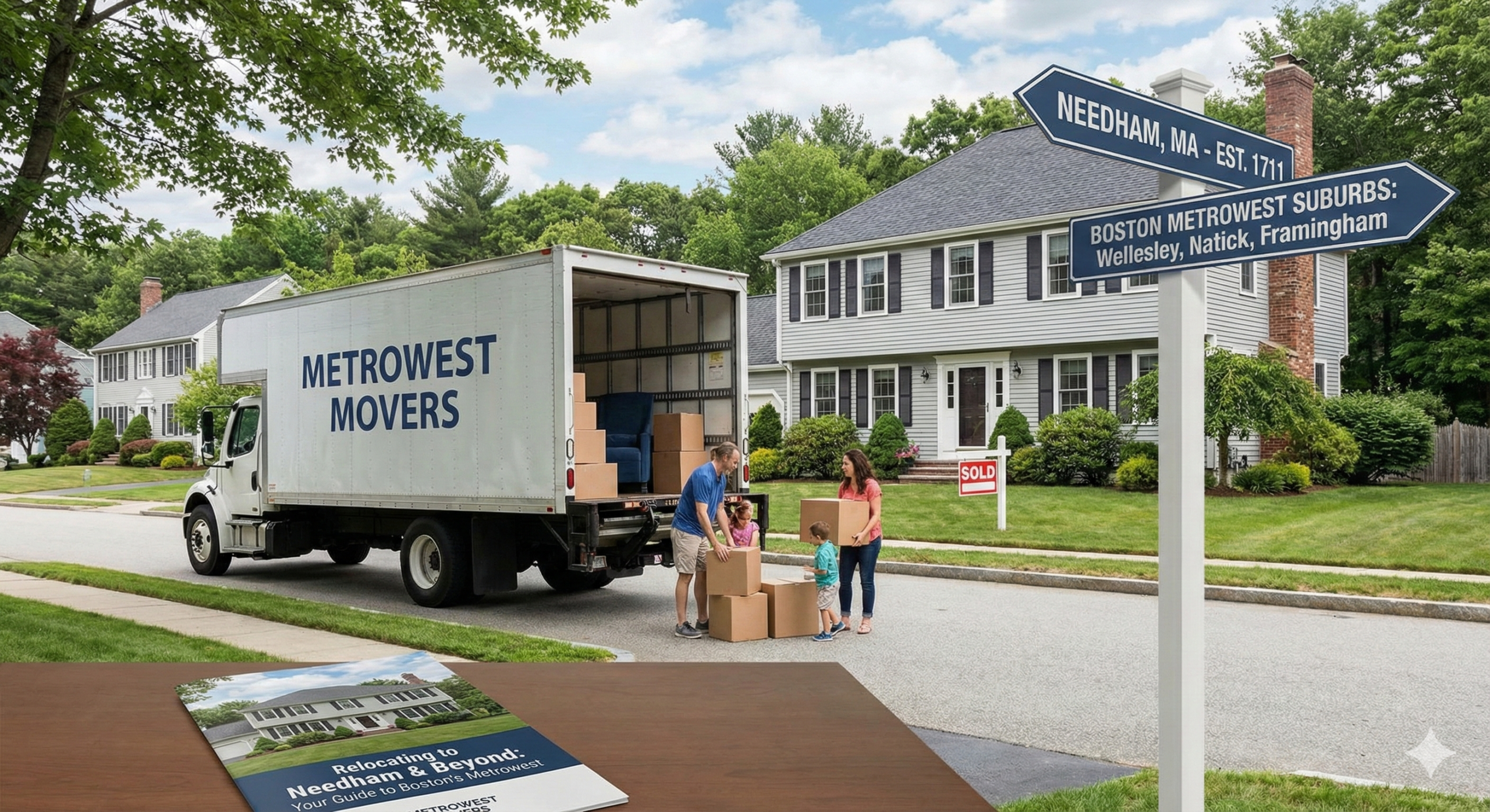 A family of four is unloading cardboard boxes from a "METROWEST MOVERS" moving truck parked in front of a grey colonial-style house with a "SOLD" sign on its front lawn. A directional street sign in the foreground points to "NEEDHAM, MA - EST. 1711" and "BOSTON METROWEST SUBURBS: Wellesley, Natick, Framingham." A brochure titled "Relocating to Needham & Beyond: Your Guide to Boston's Metrowest" rests on a wooden table in the immediate foreground.