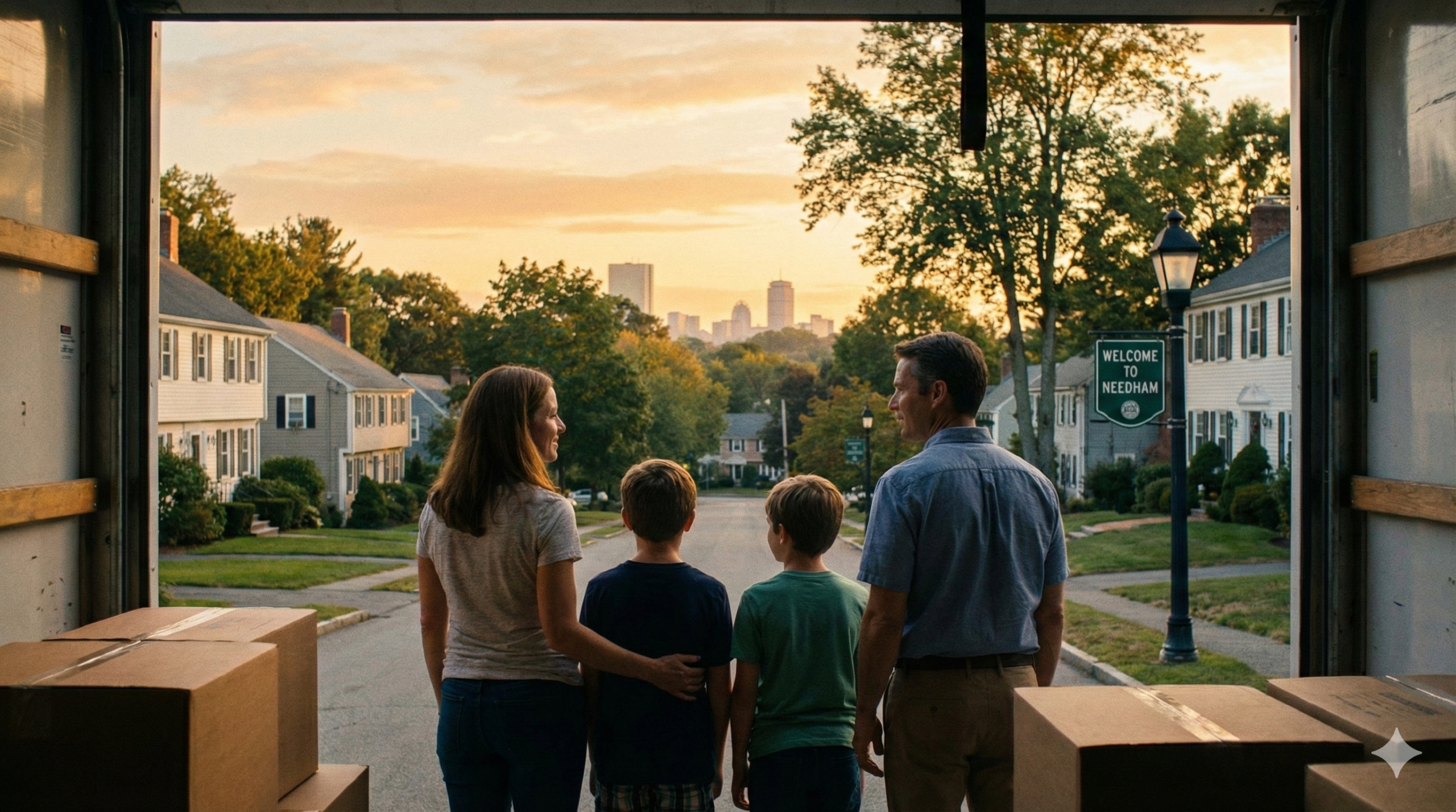 A family of four stands in the back of a moving truck, looking out at a residential street in Needham, Massachusetts, with a "Welcome to Needham" sign and the distant Boston city skyline visible during sunset.
