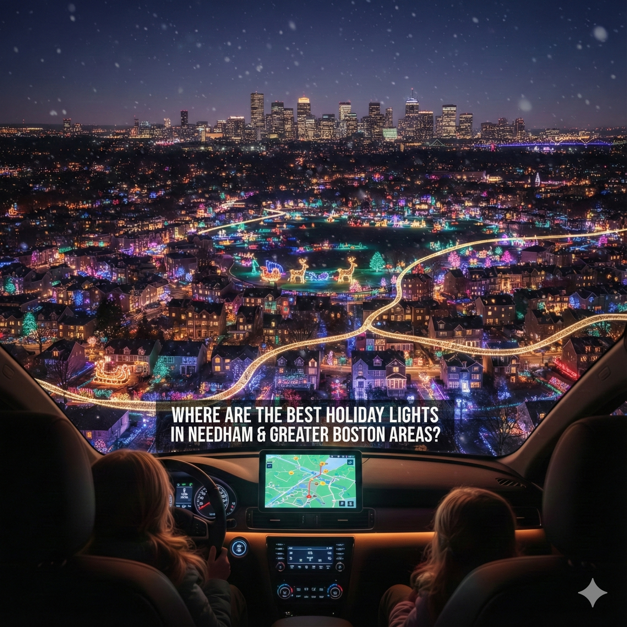 A cinematic POV shot from the back seat of a car looking through the windshield at a vast, glowing landscape of holiday lights and decorations. Two people, a driver and a child, are silhouetted in the front seats. In the distance, the Boston city skyline sits under a light snowfall. Overlay text reads: 'Where Are the Best Holiday Lights in Neediam & Greater Boston Areas?