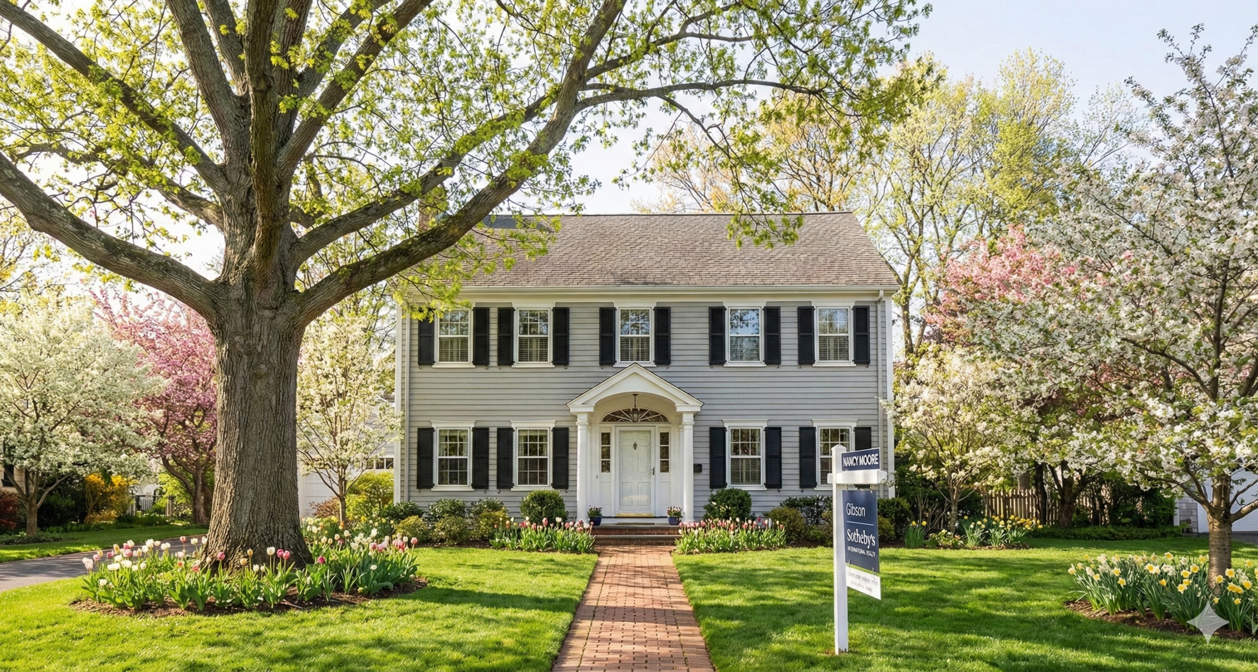 A large, newly constructed suburban home featuring white vertical siding and a stone veneer section under a dark shingle roof. It is situated on an expansive green lawn framed by mature trees on a sunny day. In the foreground lawn, a blue real estate sign with white text reads "Gibson Sotheby's International Realty," topped by a rider sign that says "Nancy Moore." A neighboring brick house is visible in the background to the left
