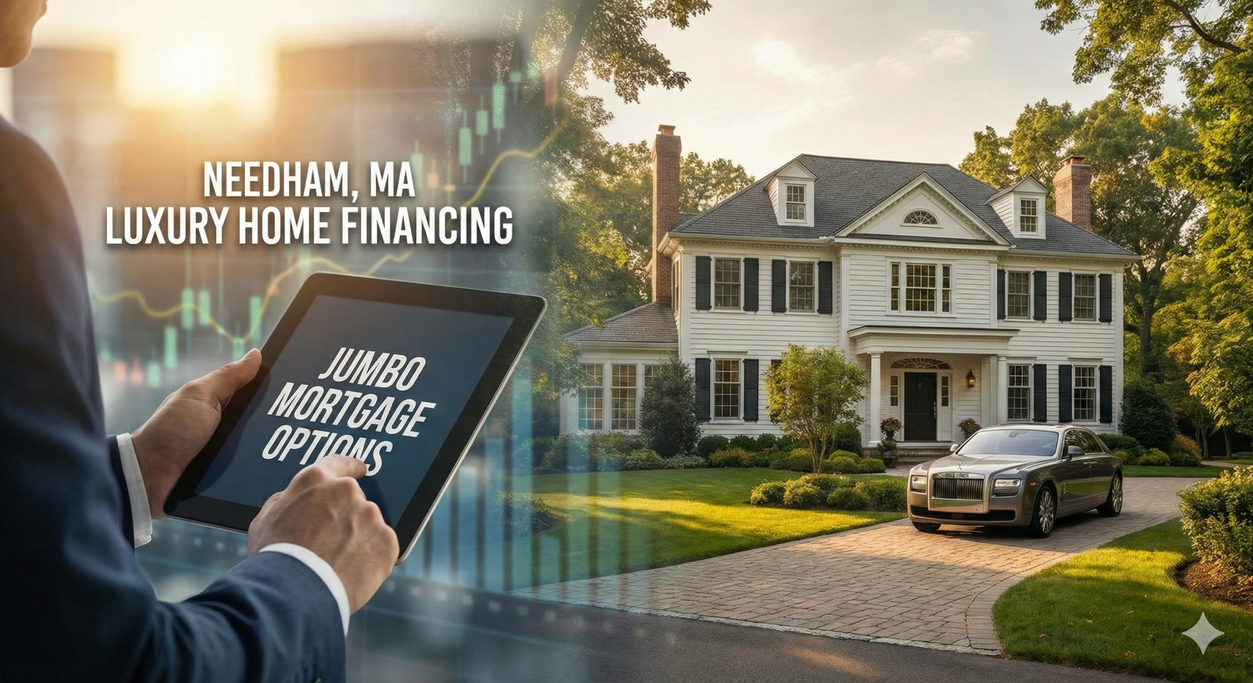 A man in a suit holds a tablet displaying "JUMBO MORTGAGE OPTIONS," with a large luxury home, a Rolls Royce in the driveway, and a text overlay reading "NEEDHAM, MA LUXURY HOME FINANCING" against a backdrop of financial graphs.