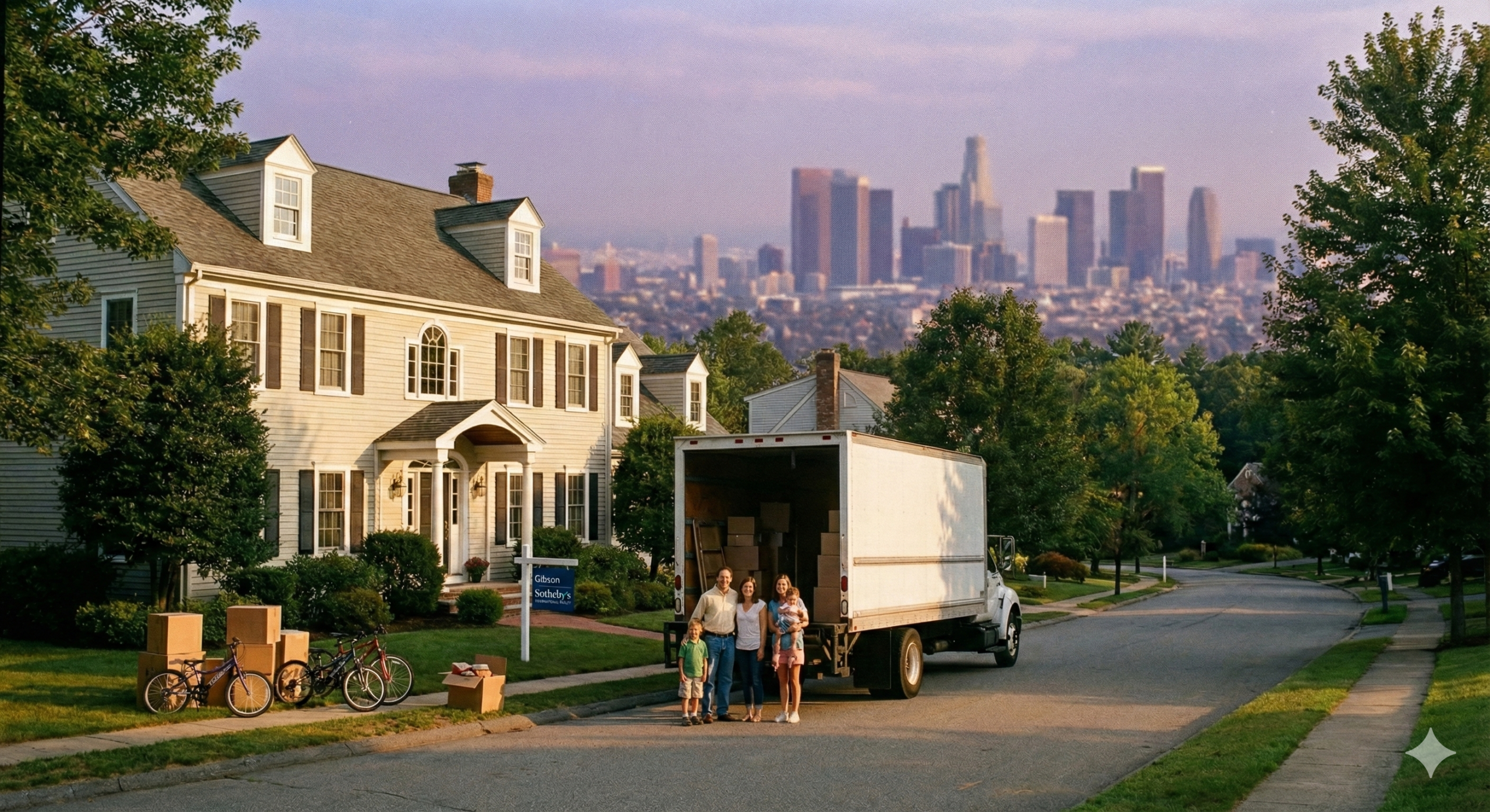 A family of four stands smiling in front of a white moving truck parked on a suburban street, with their new home and a "Sold" sign in the background. Boxes and bicycles are on the lawn, and a city skyline is visible in the far distance under a warm, late-afternoon sky