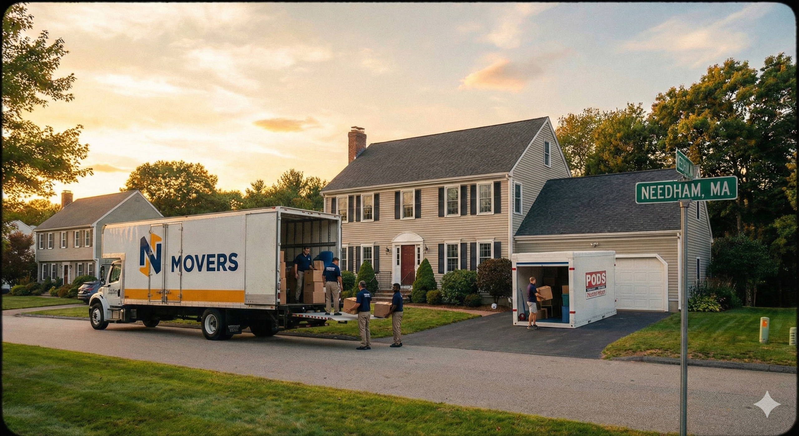 A wide-angle landscape photograph of a residential street in Needham, Massachusetts, at sunset. A white moving truck labeled "N MOVERS" is being loaded by a crew of movers with cardboard boxes outside a colonial-style home. A portable storage container from "PODS" is parked in the driveway with another person loading a box. A street sign in the foreground reads "NEEDHAM, MA."