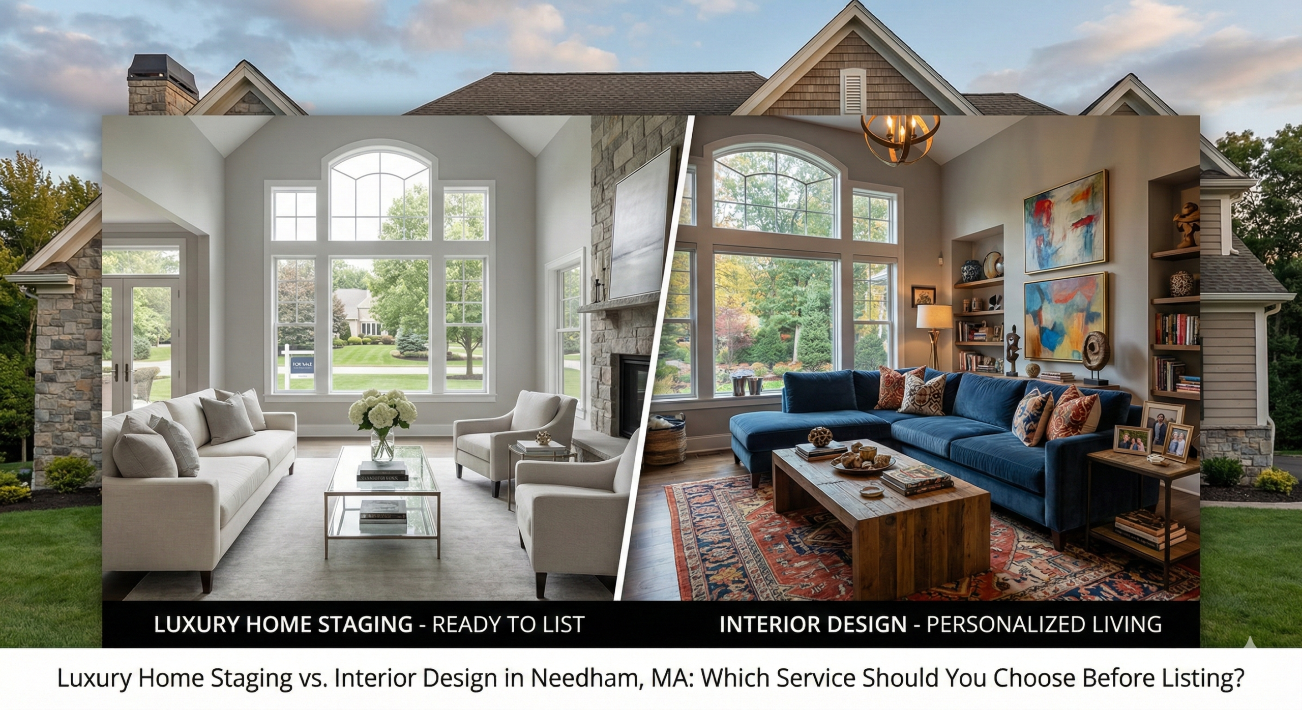 A split-panel comparison graphic showing a luxury living room in Needham, MA. The left panel, labeled "LUXURY HOME STAGING - READY TO LIST," features minimalist, neutral furniture and decor, creating a spacious and universally appealing look. The right panel, labeled "INTERIOR DESIGN - PERSONALIZED LIVING," showcases the same room with a bold blue sectional, colorful artwork, a patterned rug, and personal items like books and photos, reflecting a specific taste. Below the visual comparison, the text reads, "Luxury Home Staging vs. Interior Design in Needham, MA: Which Service Should You Choose Before Listing?".