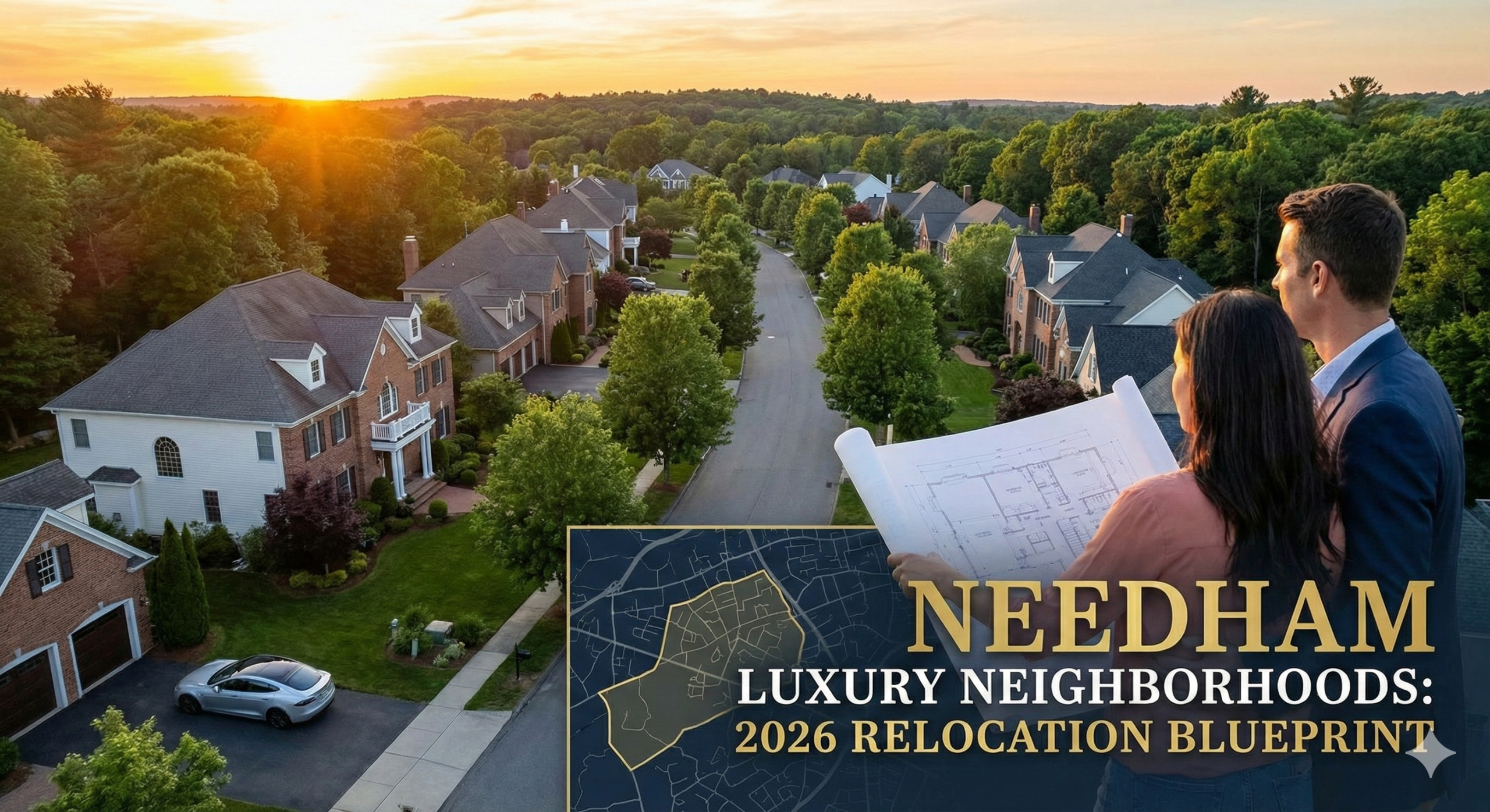 A couple in professional attire looks out at a luxurious, suburban Needham neighborhood at sunset while holding building blueprints. A text overlay reads "NEEDHAM LUXURY NEIGHBORHOODS: 2026 RELOCATION BLUEPRINT" with a map graphic
