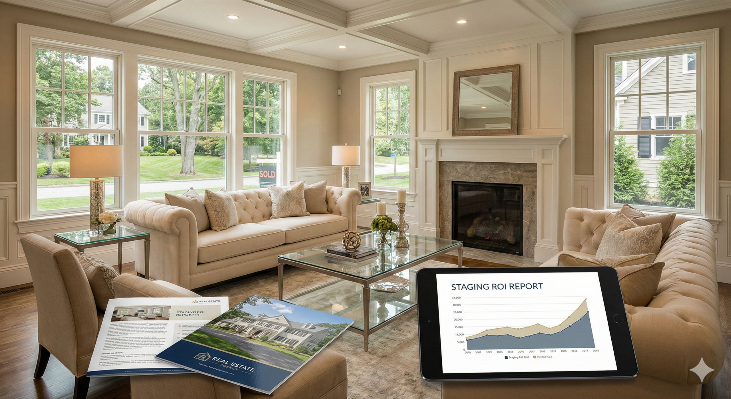 A professionally staged luxury living room with upscale furniture, a fireplace, and large windows. A tablet on the coffee table displays a "Staging ROI Report" graph, and brochures for a luxury property listing are spread out, illustrating the financial benefits of home staging for high-end real estate.