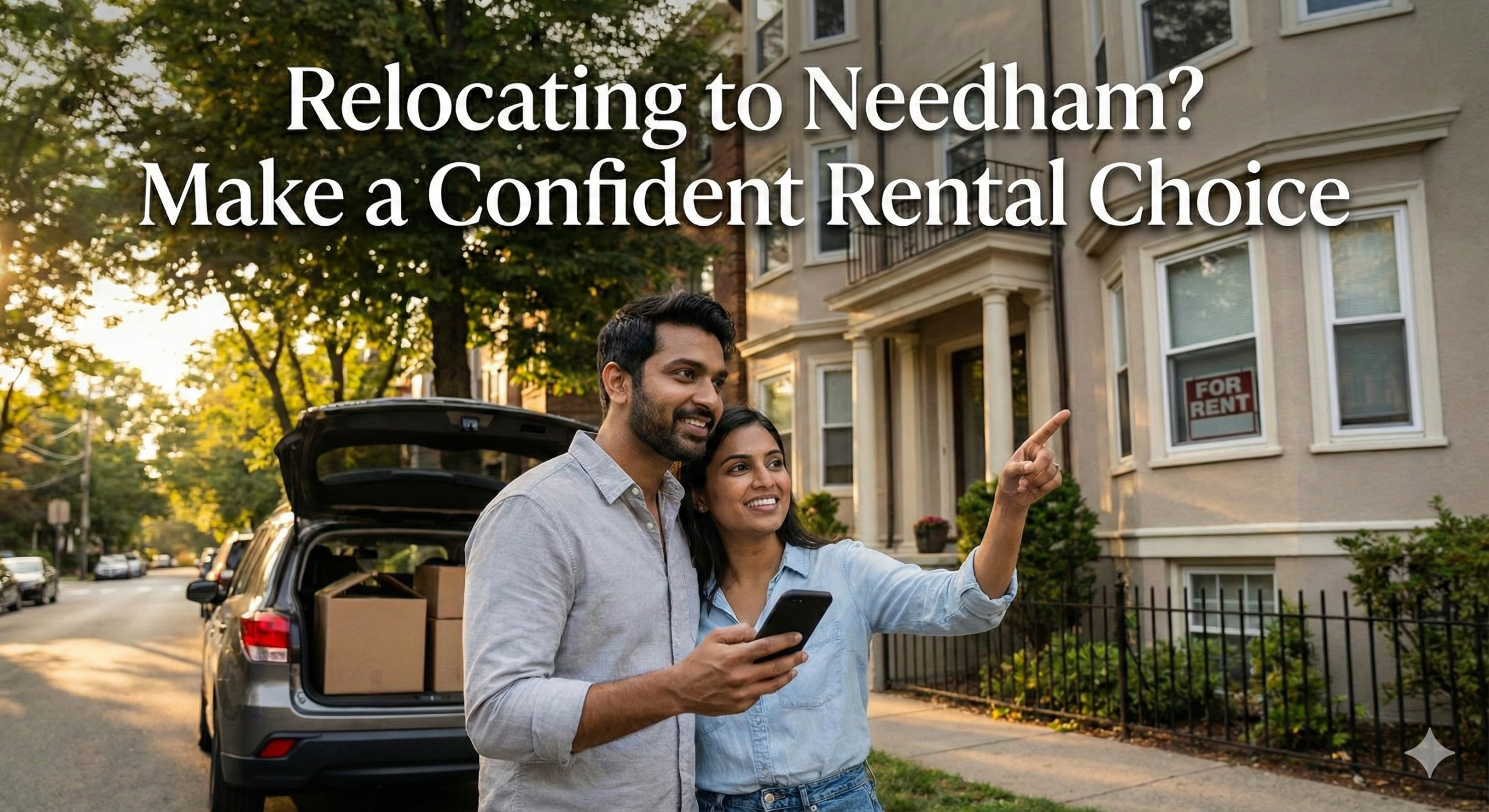 A happy couple stands beside a car loaded with moving boxes, looking at an apartment building with a "FOR RENT" sign. The man holds a smartphone and the woman points towards the building. The text overlay at the top reads, "Relocating to Needham? Make a Confident Rental Choice"
