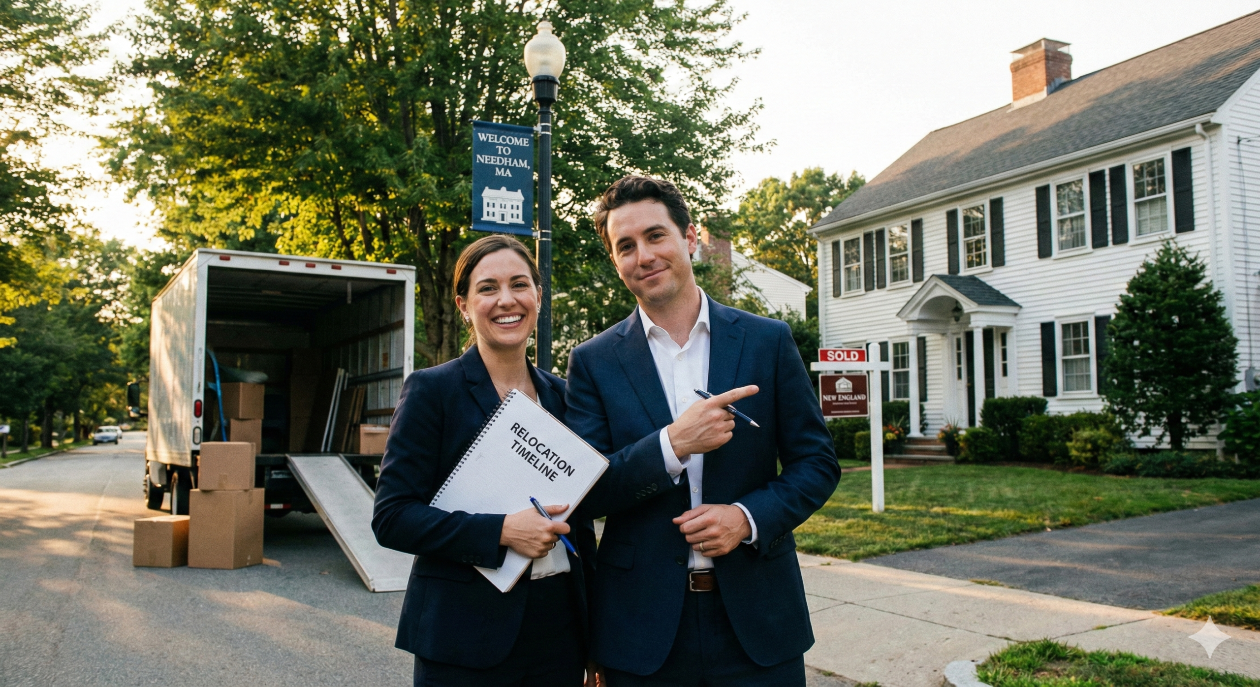 A professional couple smiles in front of a sold house and a moving truck in Needham, Massachusetts. One holds a notebook titled "RELOCATION TIMELINE," with a "Welcome to Needham, MA" banner in the background