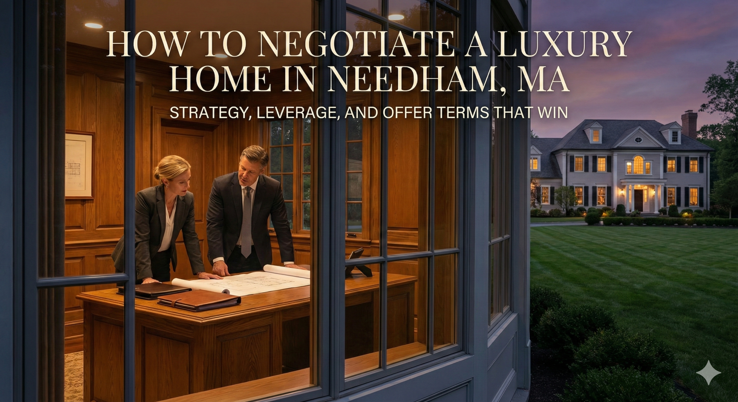 Man and woman in business attire reviewing blueprints at a desk in a wood-paneled office at dusk, with a large luxury house visible outside a window. Text overlay reads, "HOW TO NEGOTIATE A LUXURY HOME IN NEEDHAM, MA STRATEGY, LEVERAGE, AND OFFER TERMS THAT WIN" Negotiate luxury home in Needham MA