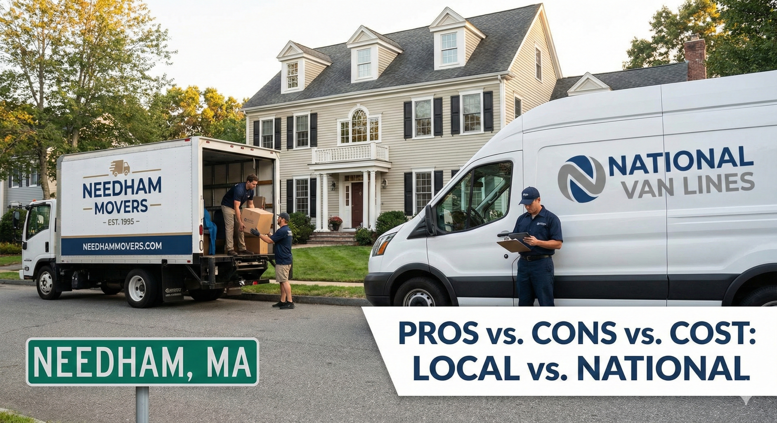 A comparison of local and national moving trucks parked in front of a Needham, MA home, with a graphic overlay reading "PROS vs. CONS vs. COST