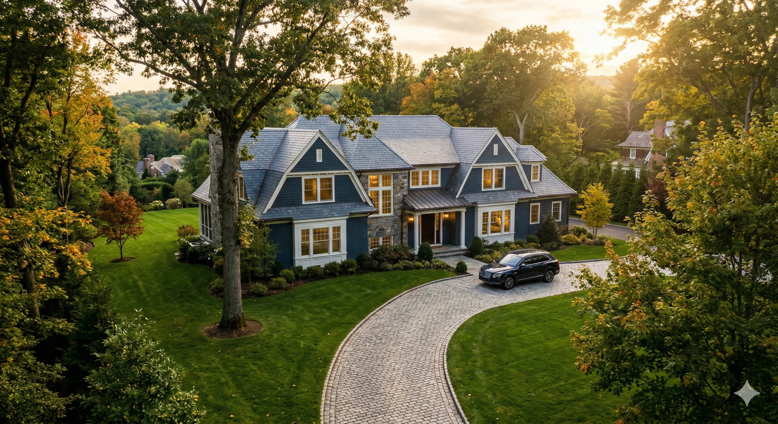A cinematic wide-angle photograph of a large, luxurious shingle-style estate with a slate roof and manicured lawn in Wellesley Fells, MA, at golden hour in 2026, featuring a cobblestone driveway and a parked luxury SUV.