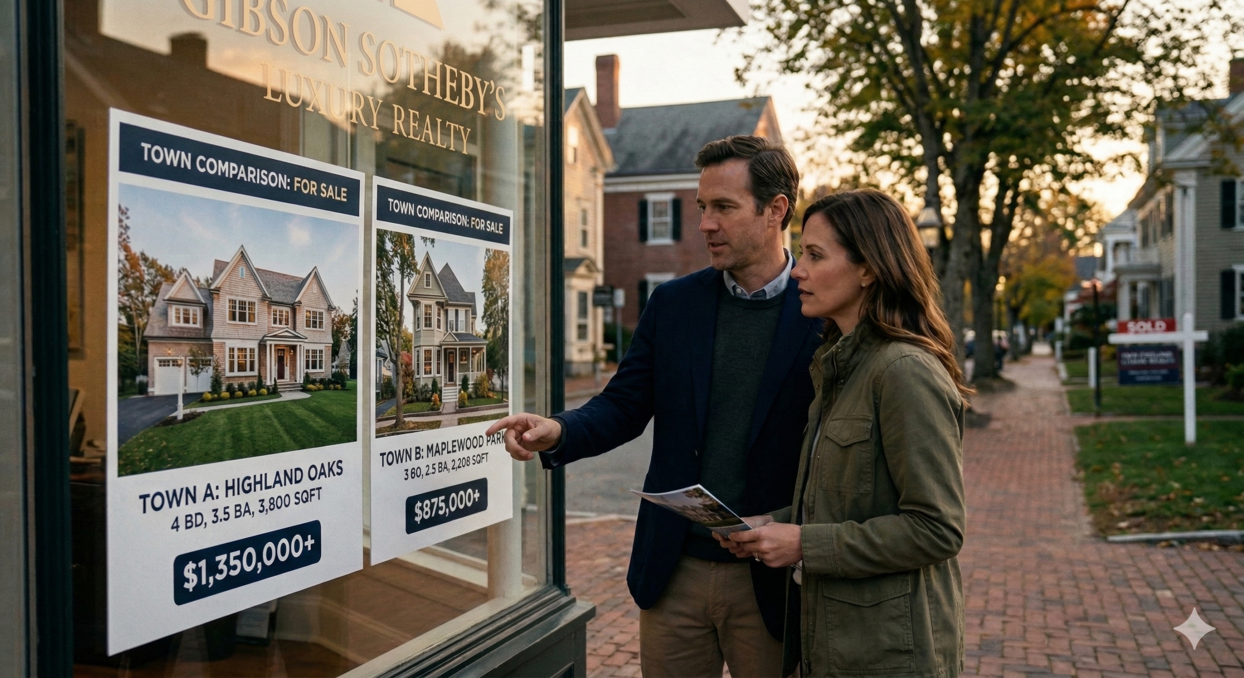 A man and a woman in autumn attire stand in front of a "Gibson Sotheby's Luxury Realty" office window at dusk. The man is pointing at two "TOWN COMPARISON: FOR SALE" signs. The sign on the left shows a large, new construction home in "HIGHLAND OAKS" for "$1,350,000+", with 4 bedrooms, 3.5 bathrooms, and 3,800 square feet. The sign on the right shows a smaller, more traditional home in "MAPLEWOOD PARK" for "$875,000+", with 3 bedrooms, 2.5 bathrooms, and 2,200 square feet. The woman holds a property pamphlet and listens to the man. The background shows a tree-lined New England town street with fall foliage