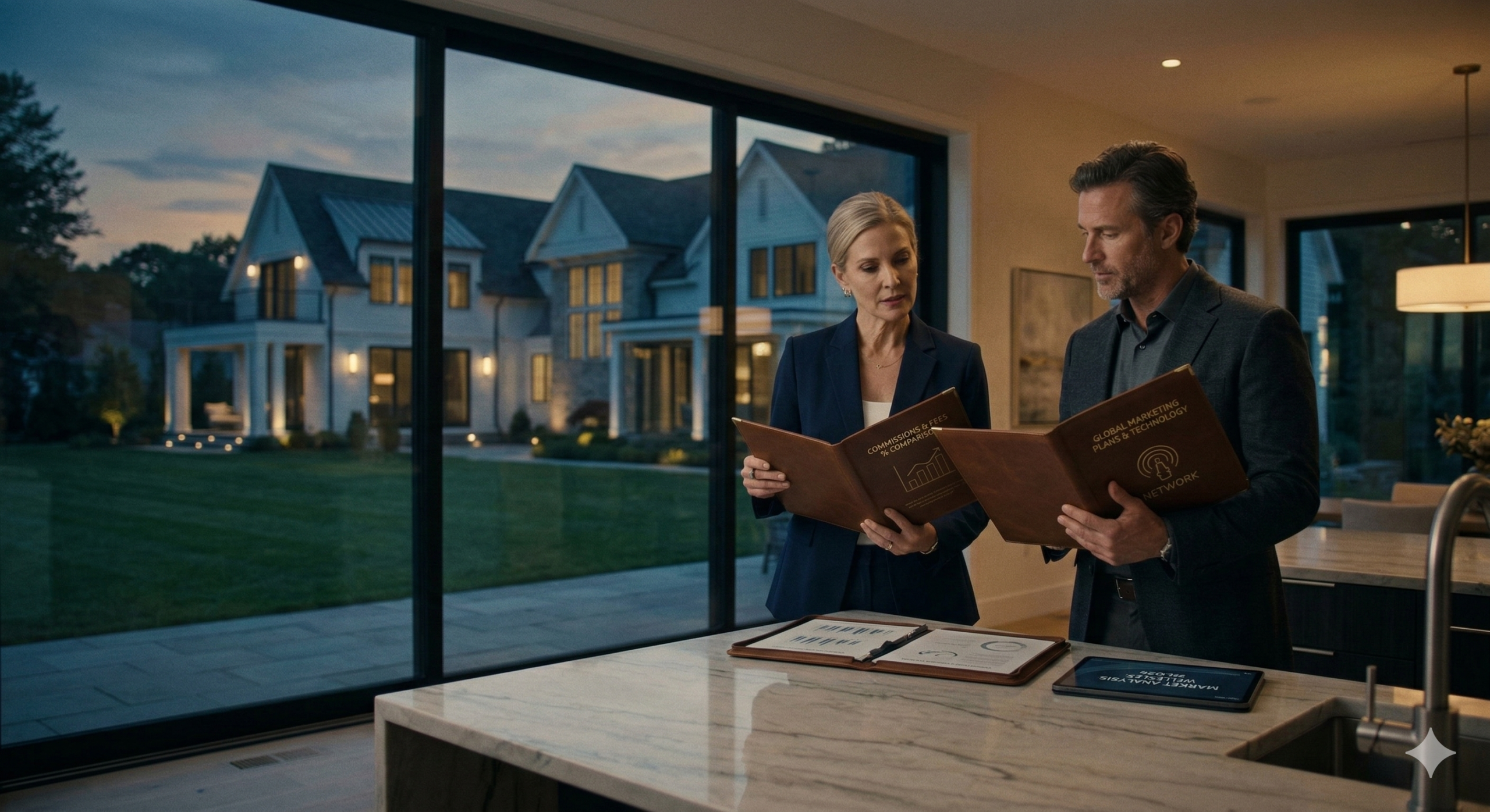 A professional real estate consultation in a modern Wellesley, MA kitchen at sunset, featuring two agents reviewing luxury marketing plans and commission structures with a view of high-end suburban estates through floor-to-ceiling windows