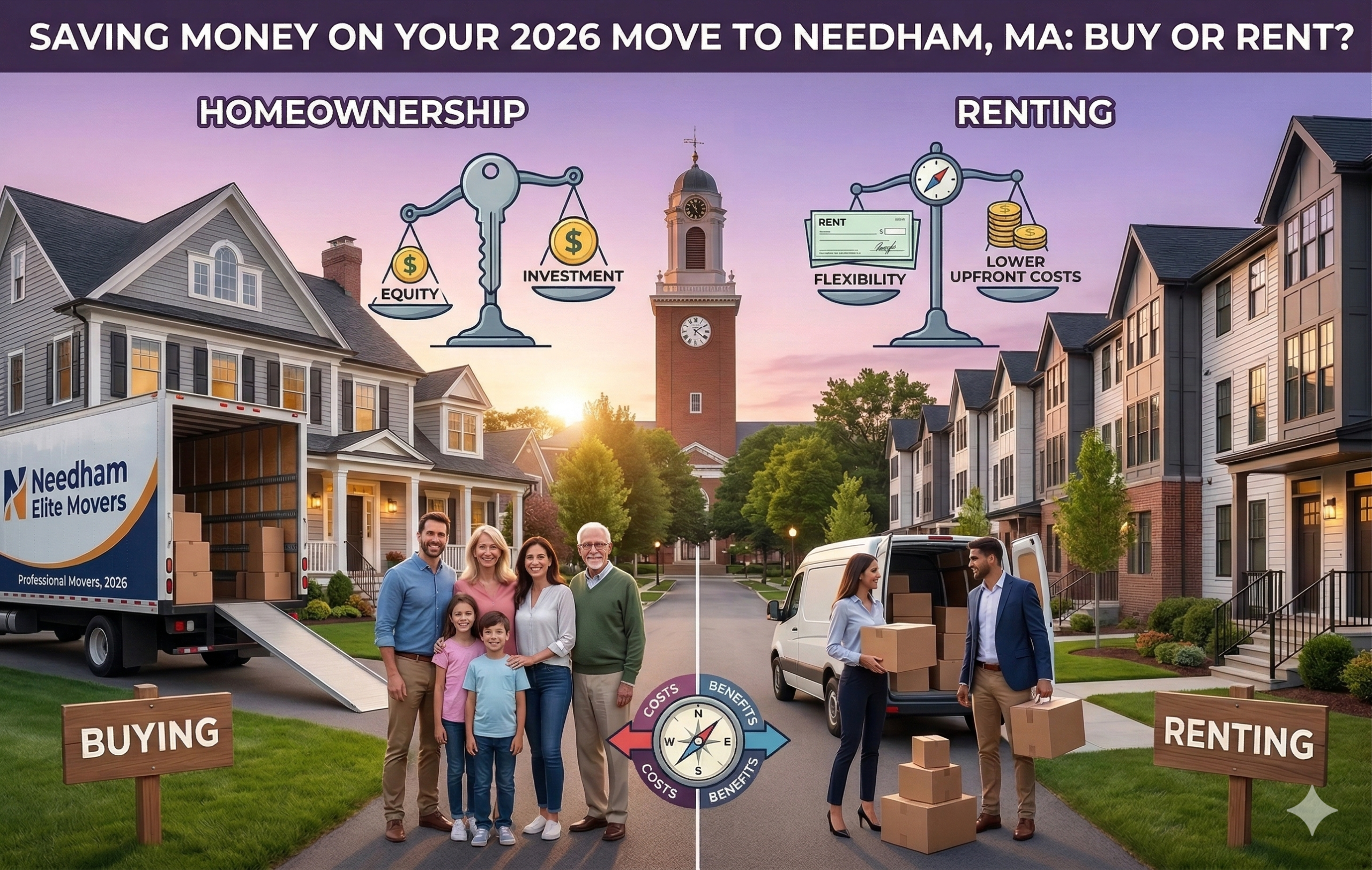 An infographic title reads 'SAVING MONEY ON YOUR 2026 MOVE TO NEEDHAM, MA: BUY OR RENT?' and compares 'HOMEOWNERSHIP' and 'RENTING' split down the middle by a town common leading to a clock tower. The left Homeownership section has balanced scales for '$ EQUITY' and '$ INVESTMENT,' a large grey house, a 'Needham Elite Movers' truck unboxing, a multi-generational family, and a yard sign for 'BUYING.' The right Renting section has balanced scales for 'RENT FLEXIBILITY' and 'LOWER UPFRONT COSTS,' townhouse apartments, people unloading a small van, and a foreground sign for 'RENTING.' A compass in the center foreground has labels for 'COSTS' and 'BENEFITS.
