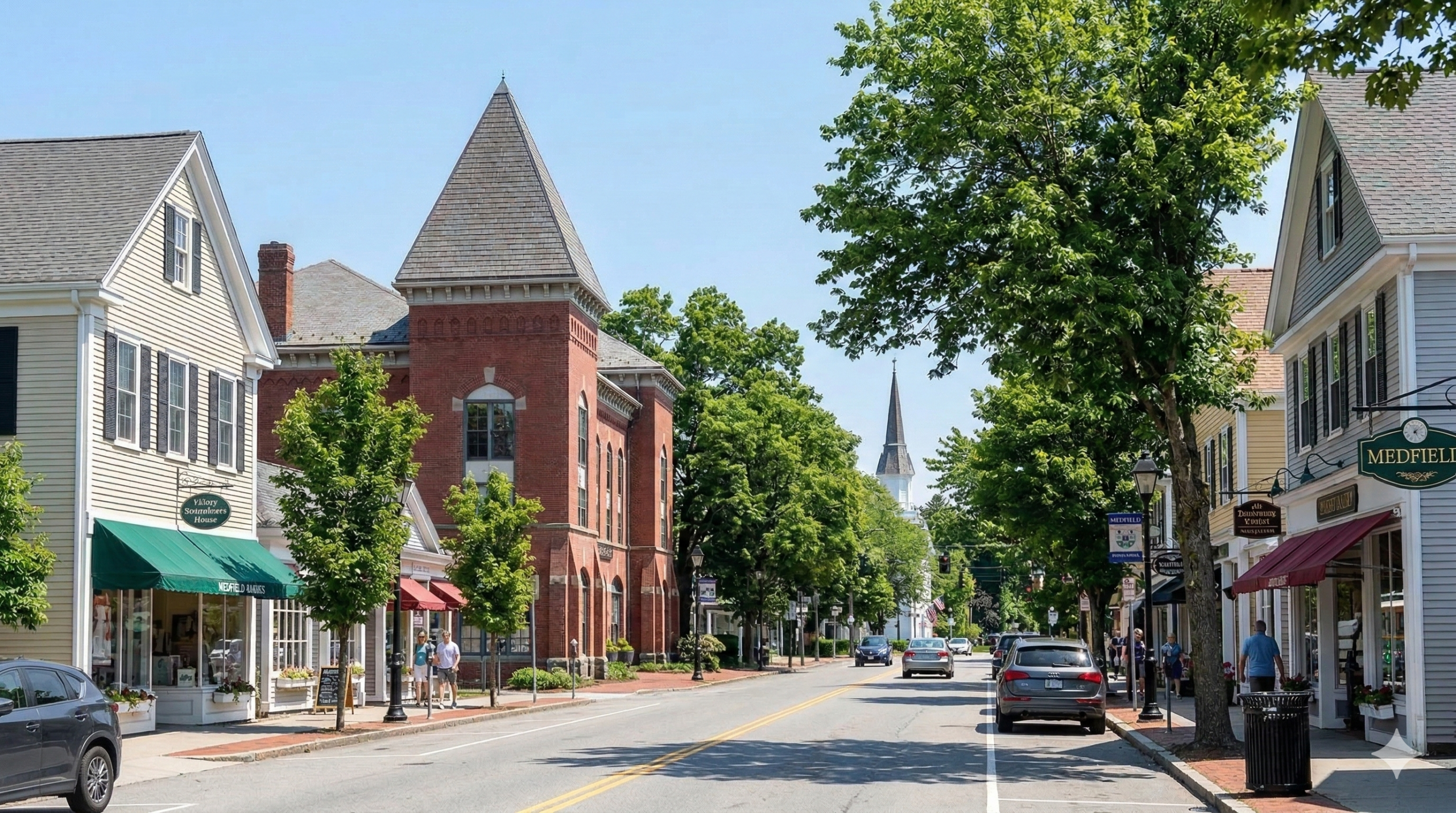 A photorealistic, color photograph taken on a clear, sunny day, looking down a quintessential New England main street in Medfield, Massachusetts. The street is lined with mature green trees forming a canopy over the sidewalks and two-story commercial buildings. On the left, buildings with traditional clapboard siding and storefronts are visible, including one with a large green awning. In the center-left, a historic red brick building with a square tower and conical roof stands out. A vintage-style green and gold trolley is driving down the asphalt street, which has a double yellow line. Further in the distance, a slender, tall white church steeple rises above the trees against a clear blue sky. On the right side, more clapboard buildings with awnings and storefront signs, including a prominent sign that reads "MEDFIELD," can be seen. Several people are on the sidewalks, and a few cars are present, with a dark SUV parked on the right. The overall atmosphere is quaint and charming.