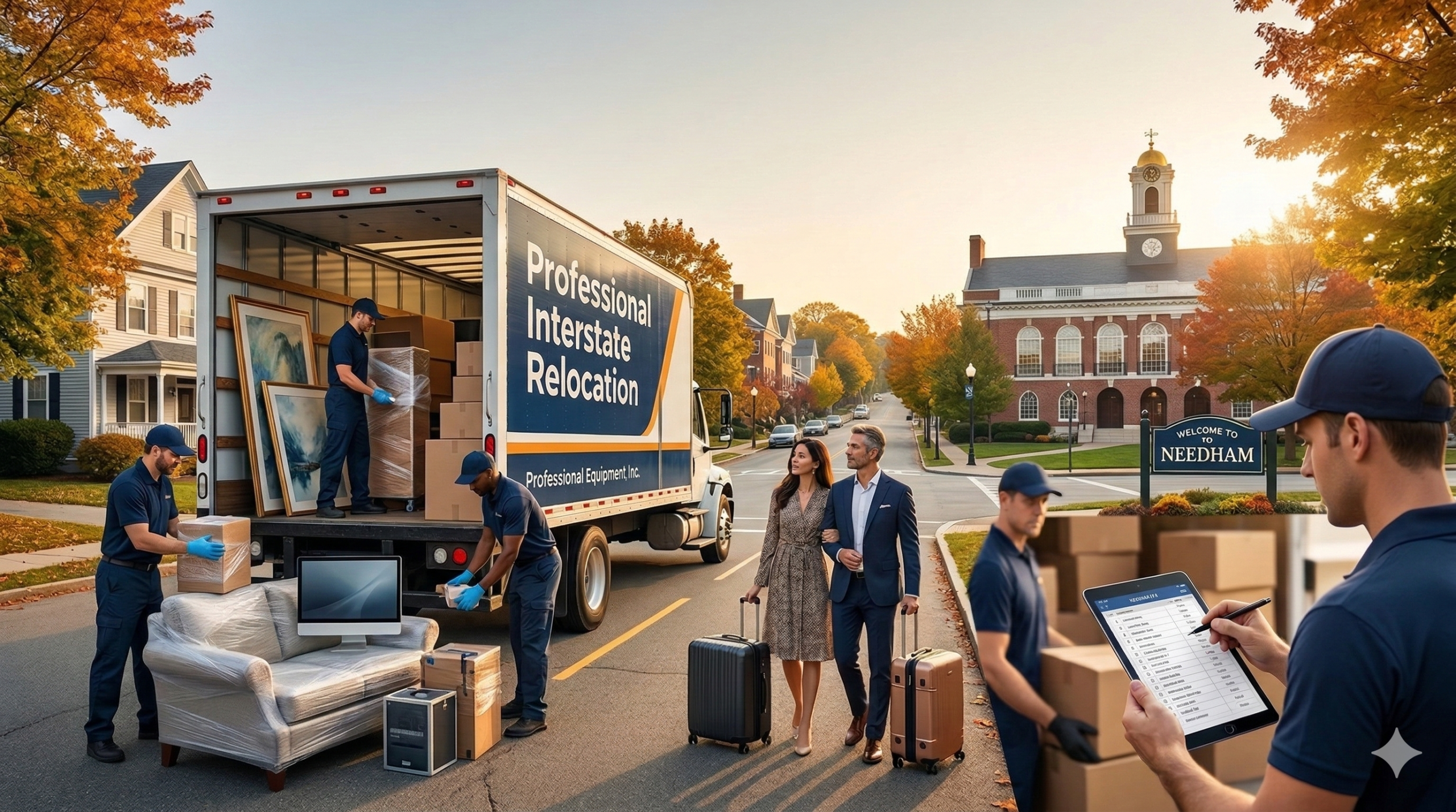 A wide-angle photograph of an active autumn moving day. Moving professionals in blue uniforms load a truck labeled "Professional Interstate Relocation" with furniture, including a sofa, computer monitor, and framed art, along with various boxes. In the center of the scene, a professional couple dressed in business casual walks with rolling suitcases. A town street lined with colorful autumn trees leads to a brick clock tower building in the distance, adjacent to a "Welcome to Needham" sign. On the right side, an inset view shows a mover in the foreground holding a tablet and stylus, apparently managing the inventory. The entire scene is bathed in warm, golden hour light.