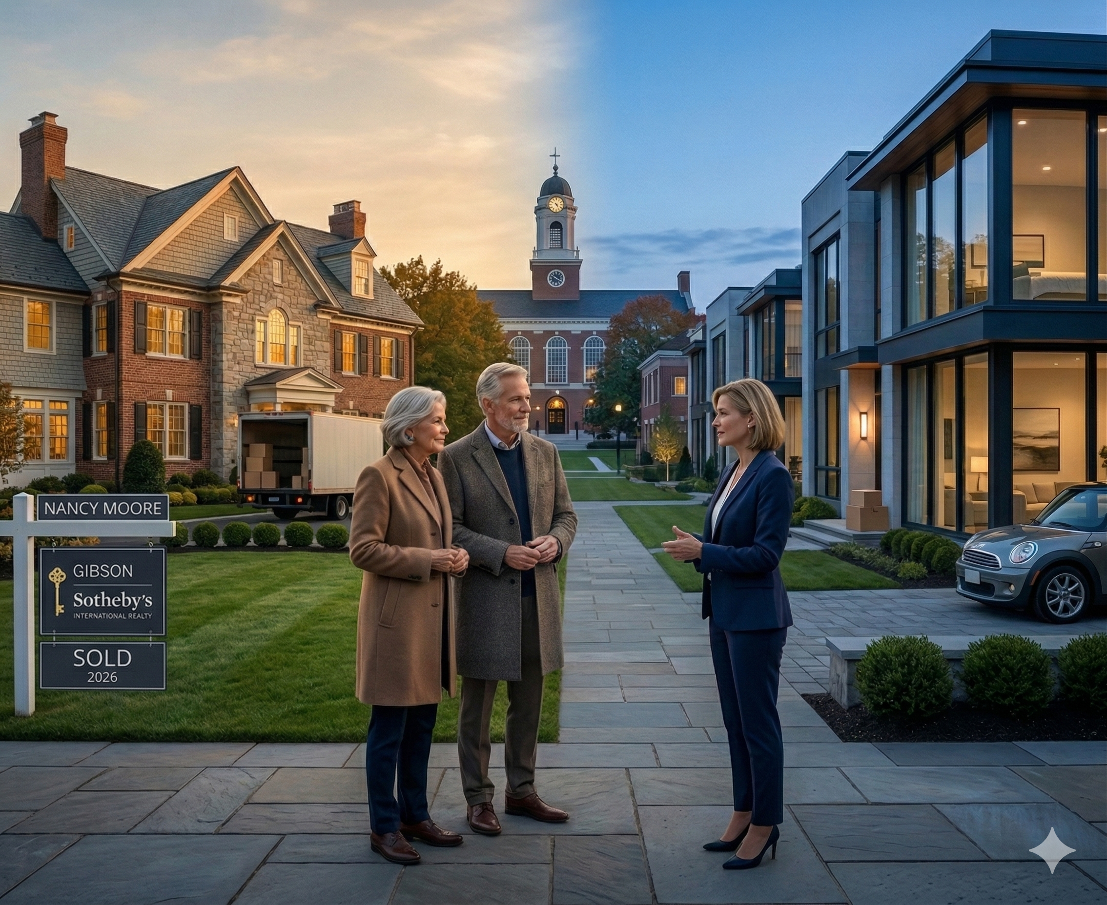 A conceptual real estate photograph with a vertical split design. In the foreground, an older couple, he in a tweed coat and she in a camel coat, speak with a female agent in a dark blue suit on a slate pathway. The left side of the image, in warm golden sunset light, features a traditional brick and stone mansion with a white U-Haul moving truck and uniformed waitstaff with a silver tray in the background. A real estate sign on a post is visible with text: "NANCY MOORE," followed by "GIBSON Sotheby's INTERNATIONAL REALTY" with the key logo, and a bottom sign "SOLD" and "2026.