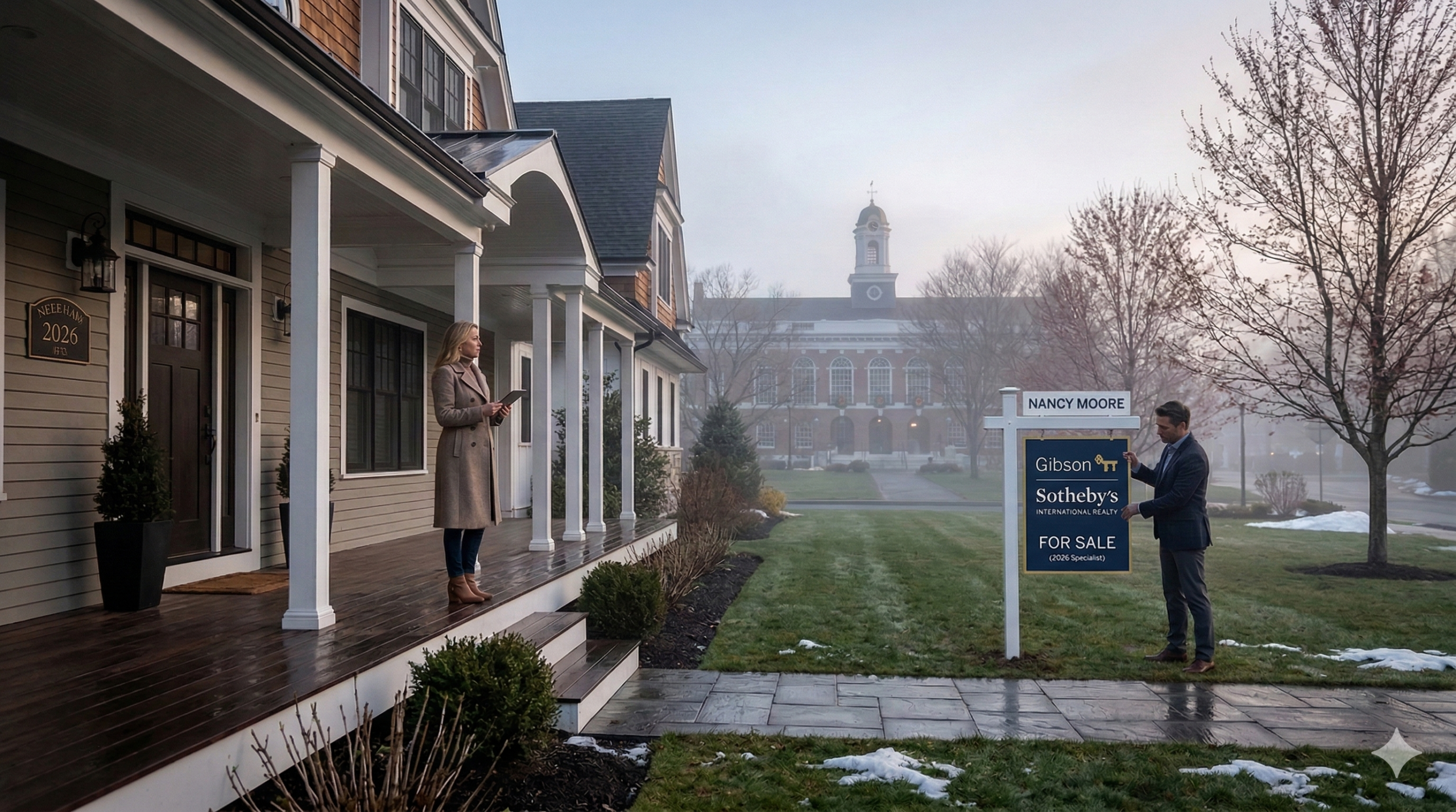 A wide-angle exterior photograph taken in misty, early morning light, showing a new New England-style home and a real estate transaction. On the left, a woman in a trench coat checks a tablet on the covered porch of a gray-sided home with white columns. On the right, a real estate agent in a dark suit stands by a branded Gibson Sotheby’s International Realty 'For Sale' sign on the front lawn. The yard sign features a rider at the top that reads 'NANCY MOORE'. Across a grassy common, a historic brick town hall building with a clock tower and cupola is visible in the background, surrounded by mist-shrouded trees. A few remnant snow patches are on the grass
