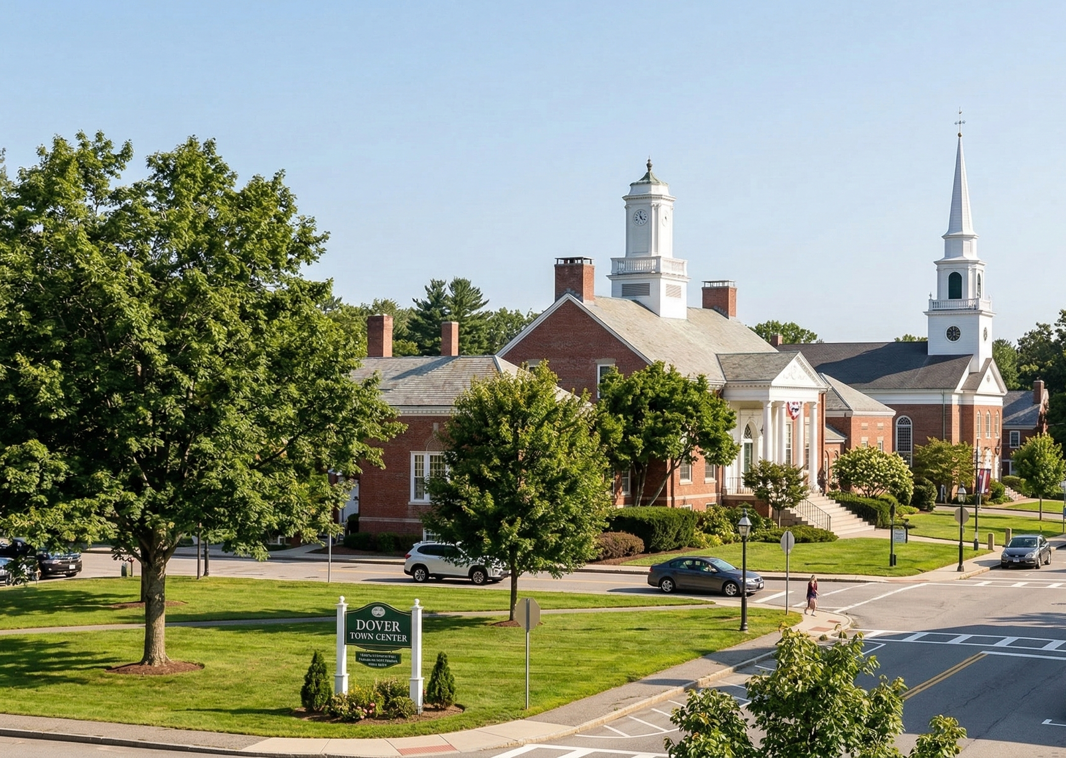 A photograph of the town center of Dover, Massachusetts, on a clear, sunny day. The foreground features a green common with large trees and a white wooden sign reading "DOVER TOWN CENTER". Behind the common is a large red brick building complex with a prominent white cupola and adjacent white church steeple. A crosswalk and street are in the right foreground, with cars parked and driving, people walking on the sidewalk, and a green directional signpost pointing to Dedham, Boston, Worcester, Framingham, Wellesley, and Weston. Gray-sided multi-use buildings frame the right edge