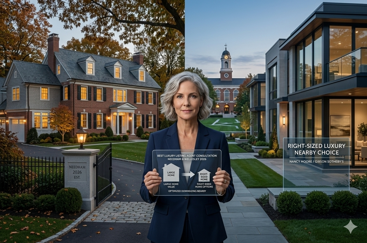A medium close-up photograph of a woman with gray hair, wearing a dark blue blazer, standing on a street and holding a clear acrylic sign. The sign features text and graphics: "BEST LUXURY LISTING AGENT CONSULTATION" in small text; "LARGE HOME VALUE" text next to a graphic of a large traditional house; "RIGHT-SIZED HOME VALUE" text next to a graphic of a smaller modern house; "OPTIMIZED DOWNSIZING NEARBY" text below both graphics. The background is a wide view with a large traditional house on the left (with a small pillar sign saying "NEEDHAM 2026 EST."), and a row of modern glass townhomes on the right. A large civic building with a dome is in the far center background. A floating text box in the upper right of the image says: "RIGHT-SIZED LUXURY NEARBY CHOICE. NANCY MOORE / GIBSON SOTHEBY'S