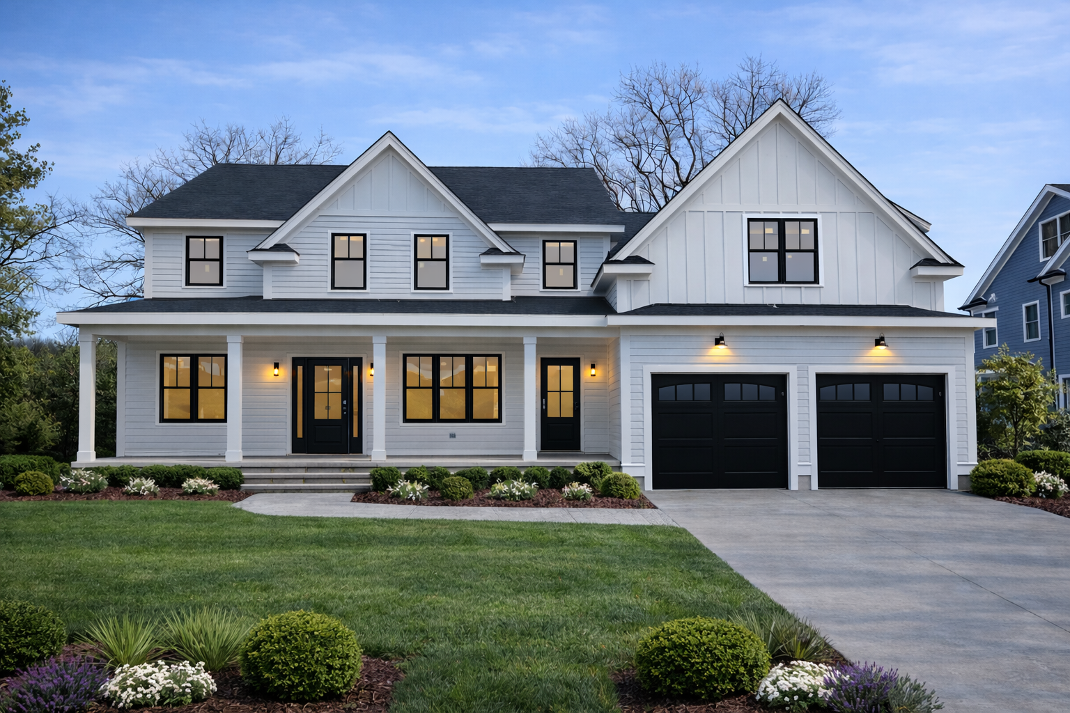 Front exterior rendering of a newly built white two-story home in Needham, MA, with black-framed windows, a covered front porch, attached two-car garage, landscaped yard, and wide driveway.