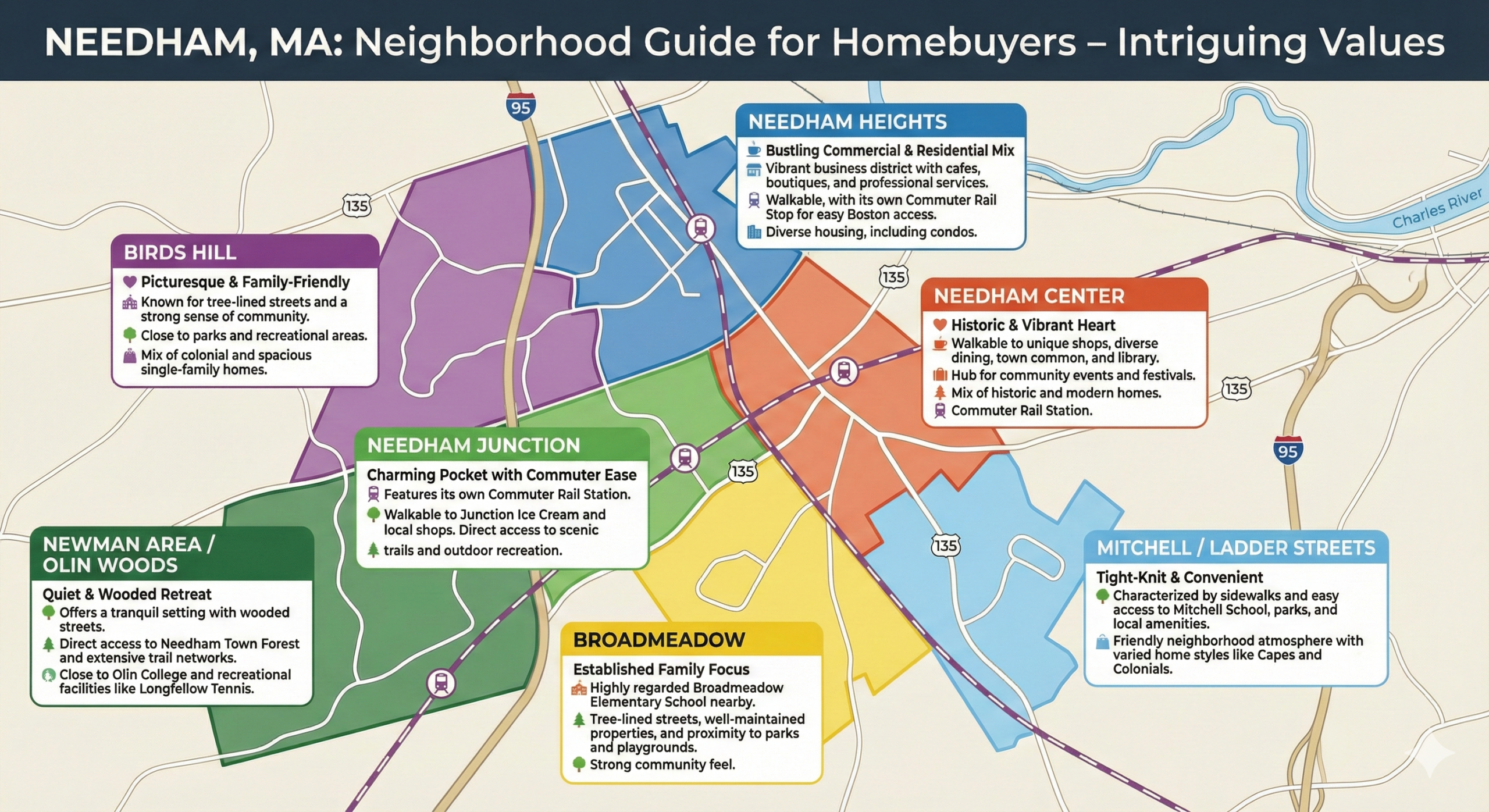 Color-coded map titled “NEEDHAM, MA: Neighborhood Guide for Homebuyers – Intriguing Values,” highlighting Needham neighborhoods including Birds Hill, Needham Heights, Needham Center, Needham Junction, Broadmeadow, Newman Area/Olin Woods, and Mitchell/Ladder Streets, with notes on each area’s character, amenities, housing mix, walkability, commuter rail access, parks, and schools.