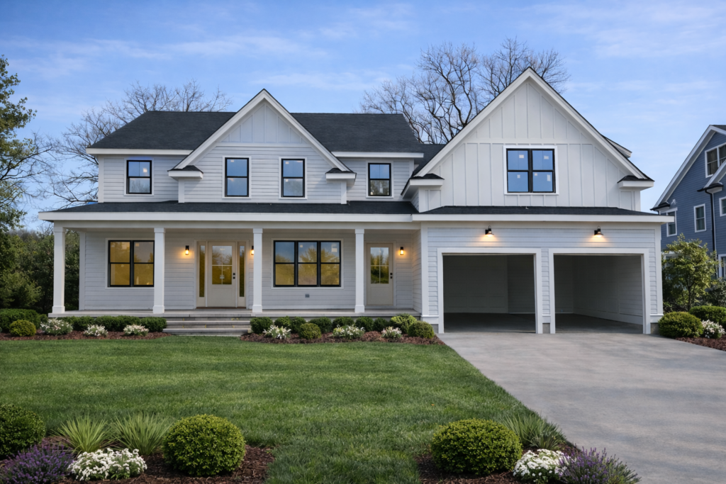 New construction white modern farmhouse in Needham MA with black garage doors, large front lawn, professional landscaping, and warm exterior lighting at dusk