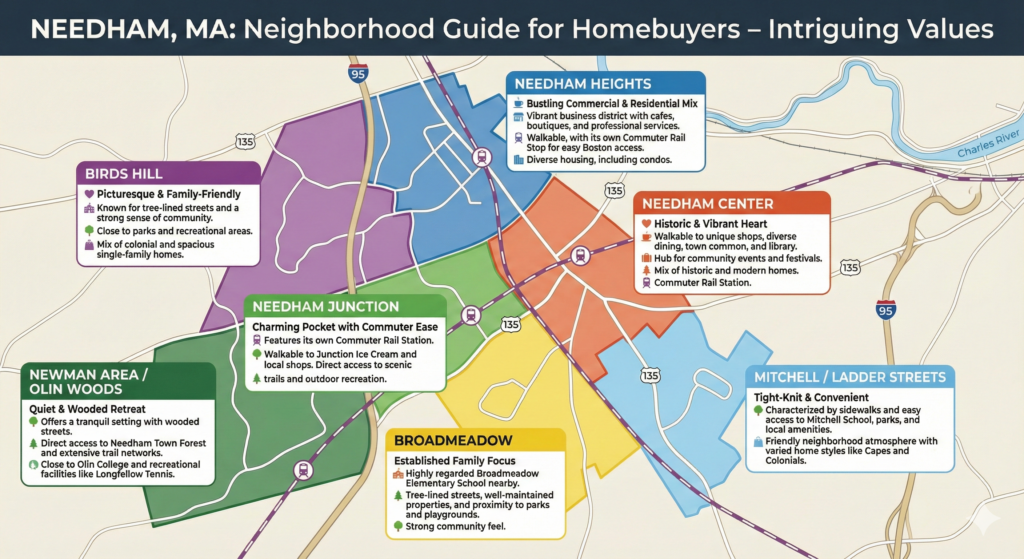 Needham MA neighborhood guide map showing key areas including Needham Heights, Needham Center, Birds Hill, Needham Junction, Broadmeadow, Newman/Olin Woods, and Mitchell/Ladder Streets with commuter rail access, parks, schools, and neighborhood features.