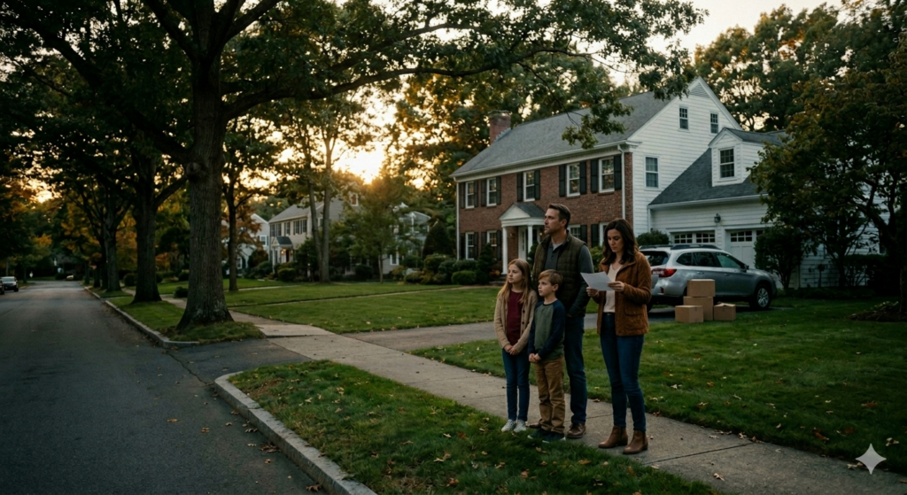 A cinematic photograph captured at golden hour on a residential street in Needham, Massachusetts. The image focuses on a young family—a pensive mother, father, and their two children—standing on the sidewalk next to a large colonial home.. Near them, a small, elegant wooden news stand displays an article with the clear headline: "WHAT RISING INFLATION MEANS FOR YOUR MOVE TO NEEDHAM, MA". The family looks toward the house with expressions of thoughtful consideration, surrounded by mature trees and warm, atmospheric light. The composition combines the look of a movie still with rich colors and a filmic grain, conveying a sense of opportunity tempered by economic reality.