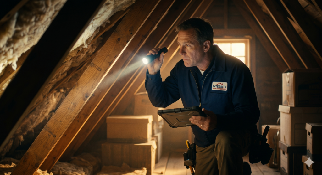 A documentary-style cinematic photograph of a professional home inspector examining an older, wood-framed house during golden hour. The inspector, a middle-aged man with a focused expression, wears a work jacket, tool belt, and holds a tablet. He is in a dimly lit attic crawlspace, shining a bright flashlight beam onto exposed wooden roof trusses and insulation, carefully checking for damage. Warm afternoon sunlight streams through a small attic window, highlighting dust motes and creating dramatic shadows, giving the scene a textured, filmic quality.