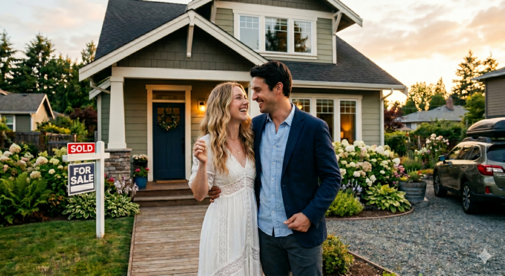 A cinematic, medium shot of a happy, newly married couple standing in front of their new two-story, olive-green craftsman-style house during a warm sunset. The woman, with long blonde wavy hair and wearing a white lace dress, smiles joyfully at her husband while holding up a house key. The man, with short dark hair and wearing a blue button-down shirt under a dark navy blazer, looks back at her with a loving smile. In the front yard to the left, a white real estate signpost reads "FOR SALE" with a red "SOLD" sign attached above it. The property features a wooden walkway leading to a dark blue front door, lush green landscaping with blooming hydrangeas, and a grey SUV parked on a gravel driveway to the right.