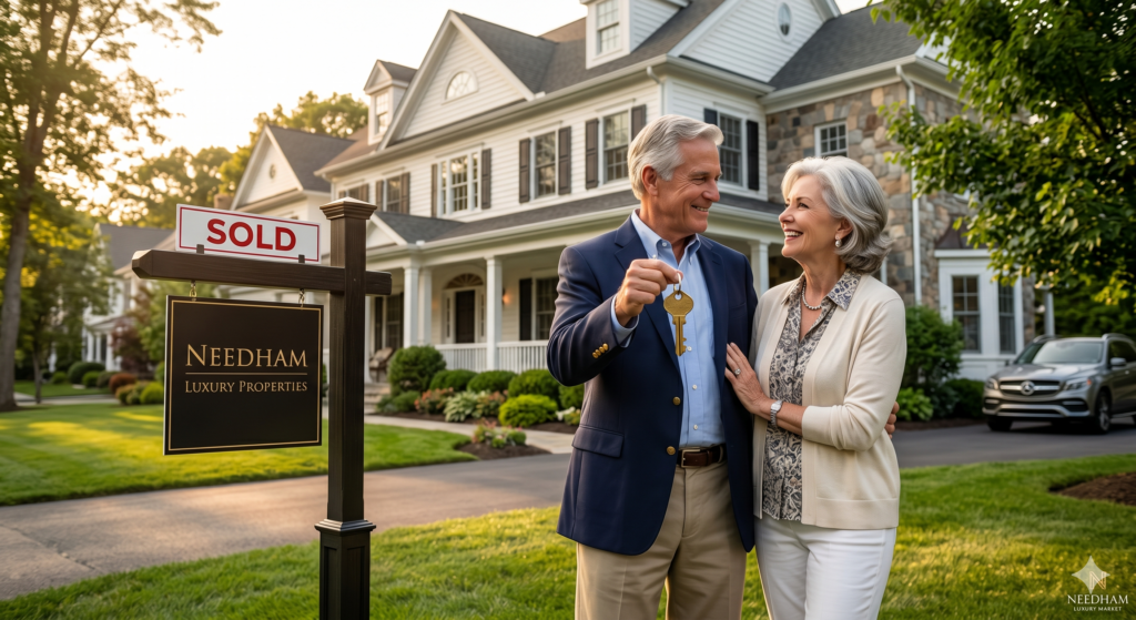 A cinematic photograph captured during golden hour in Needham, Massachusetts, featuring an affluent Baby Boomer couple (60s/70s) smiling confidently in front of a substantial, classic New England luxury home. The man, in a navy blazer, holds up a brass key, while a "SOLD" sign is visible on a high-end real estate post in the manicured lawn. The warm sunlight highlights the architecture and lush landscaping, symbolizing successful property sales in the luxury market.