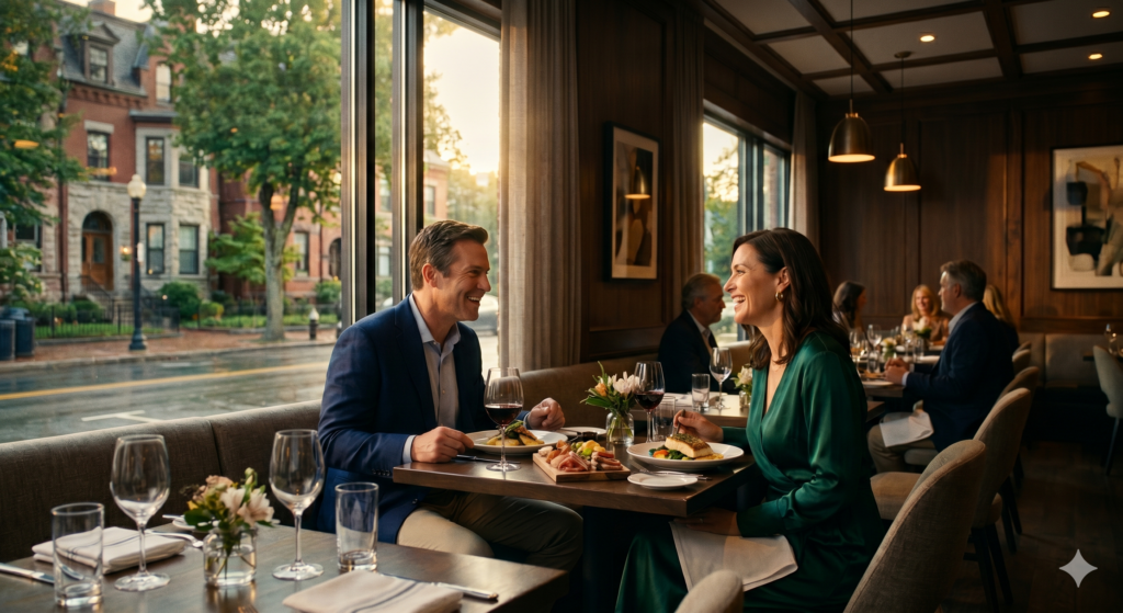 An elegant, dimly lit upscale restaurant features a smiling man in a blue blazer and a woman in a green silk dress dining by a large window. They are enjoying a meal with wine and charcuterie at a wooden table. Outside the window, a wet street and classic New England brick townhomes are visible in the soft evening light, while other patrons dine in the warm background.