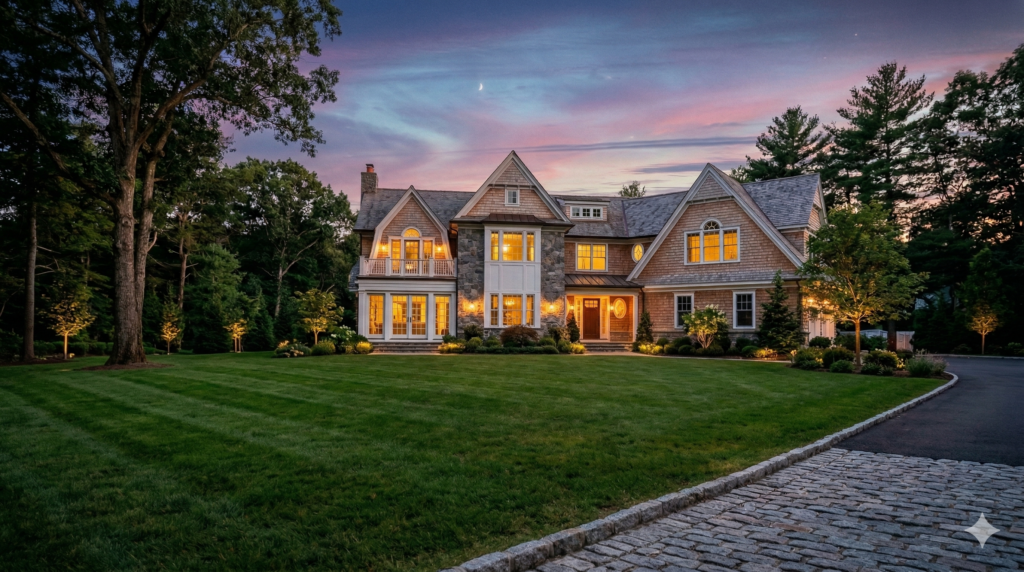 Luxury shingle-style home in Needham, MA with warm evening lighting, stone accents, manicured lawn, curved driveway, and mature trees at twilight