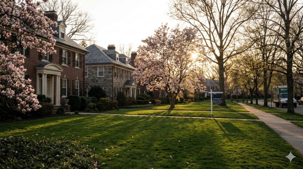 Tree-lined residential street in the Boston suburbs with stately brick and stone homes, blooming magnolia trees, green lawns, sidewalk, and a for sale sign at sunset.